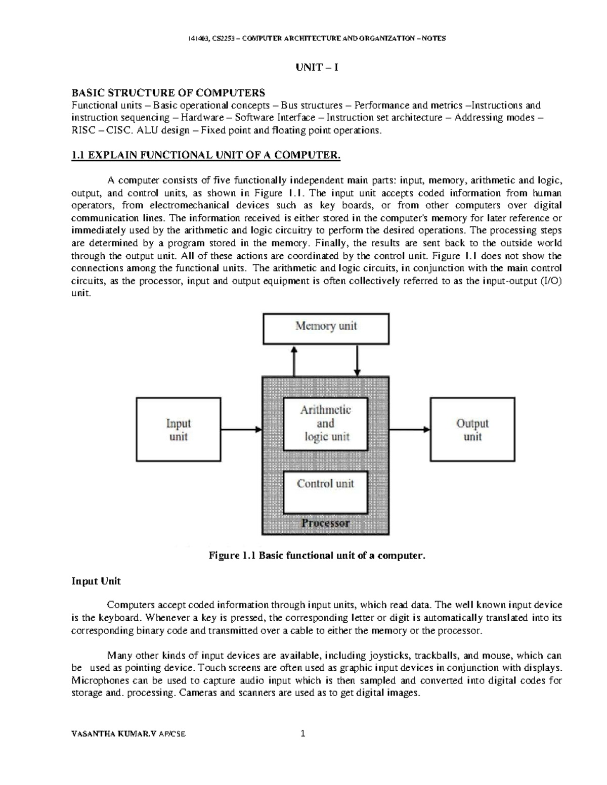 Computer Organizationn and Architechture - UNIT – I BASIC STRUCTURE OF ...