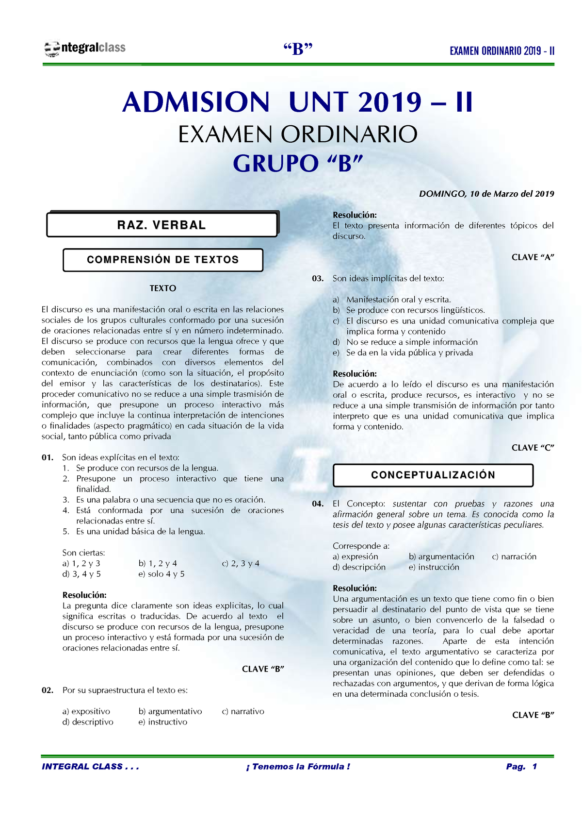 Examen - “B” EXAMEN ORDINARIO 2019 - II ADMISION UNT 2019 – II EXAMEN ...