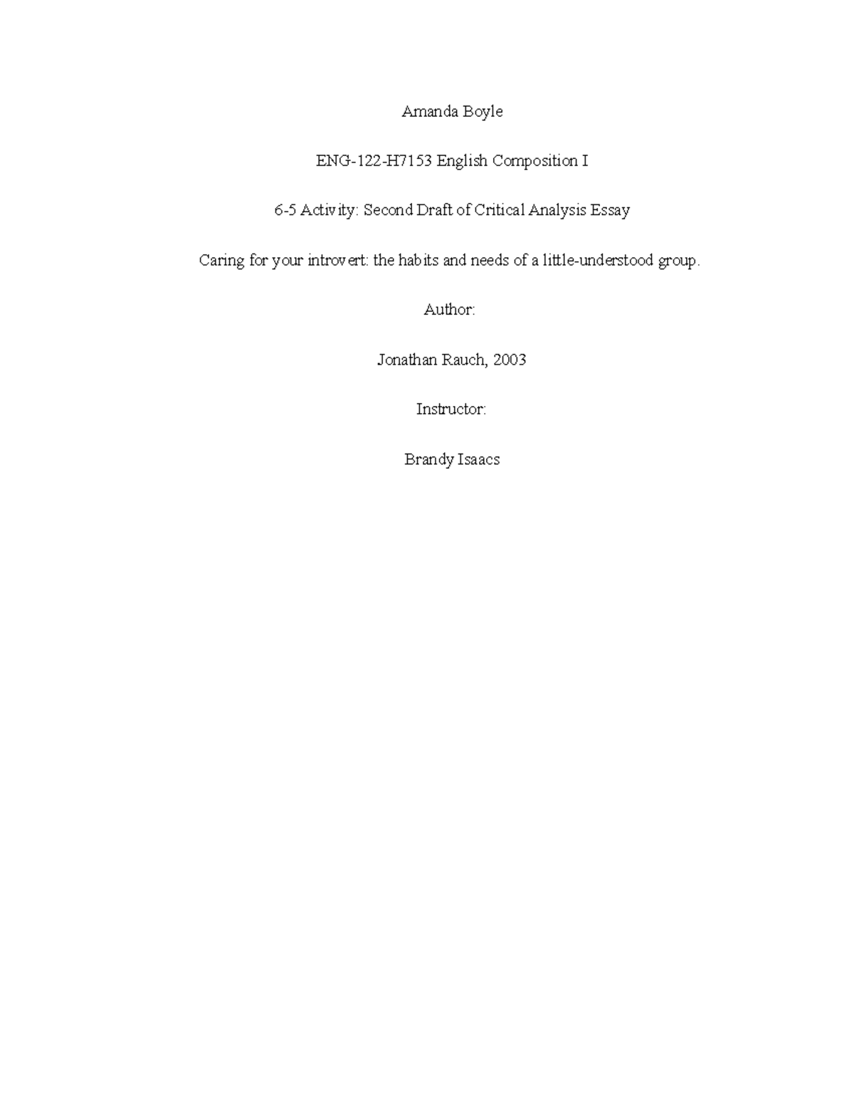 6-5 Activity Second Draft of Critical Analysis Essay - Author: Jonathan ...
