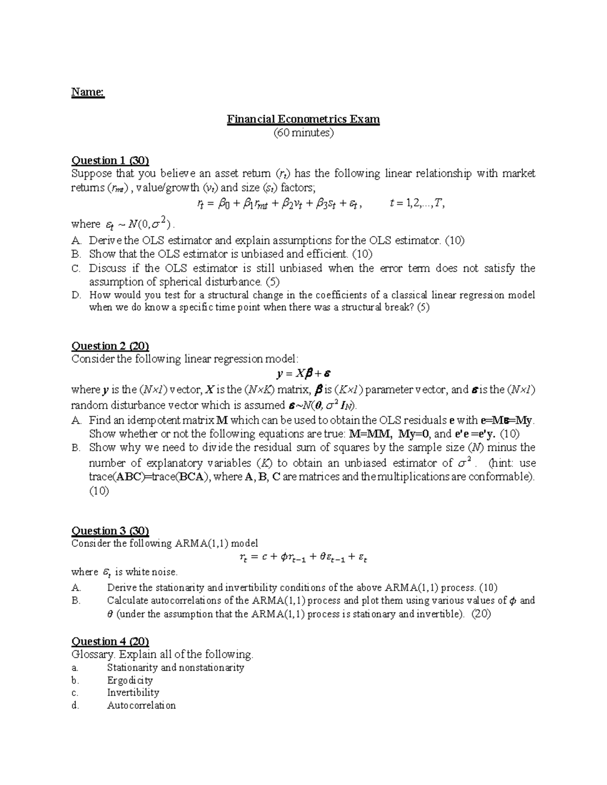 Financial Econometrics 중간고사 - Name: Financial Econometrics Exam (60 ...