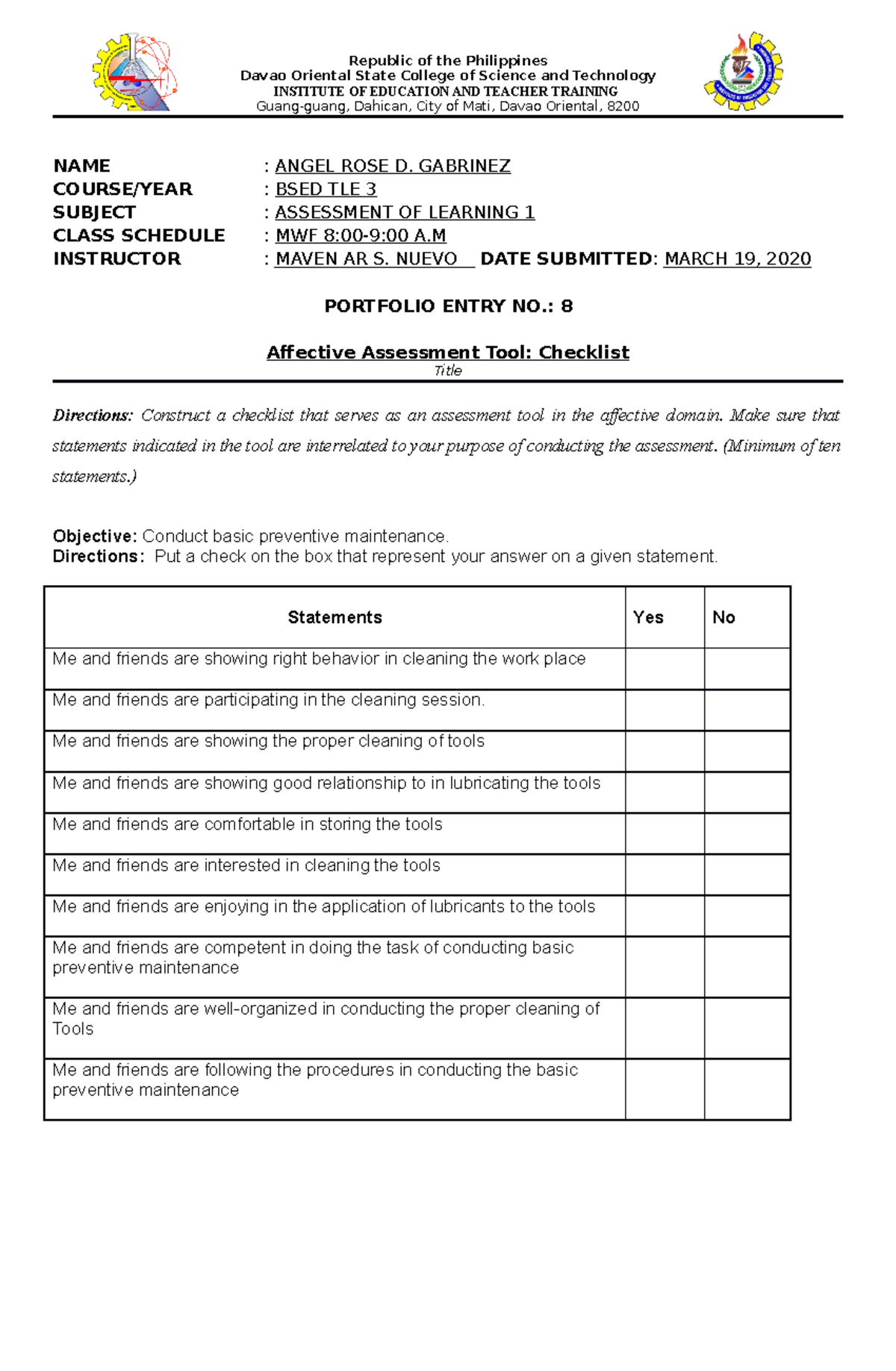 Portfolio Entry 8 - Task 1 - Davao Oriental State College of Science ...
