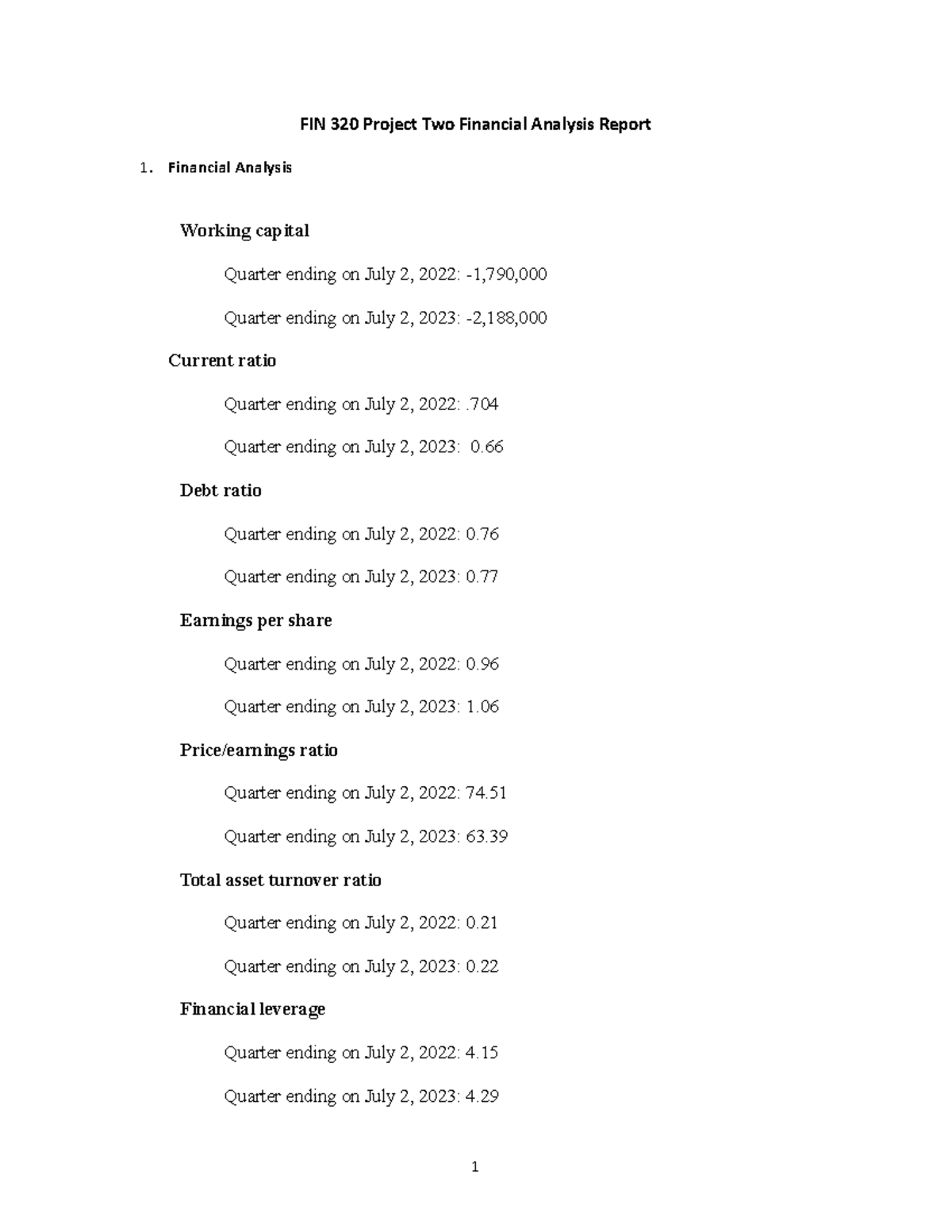 FIN 320 Project Two- FIN 320 Project Two Financial Analysis Report 1 ...