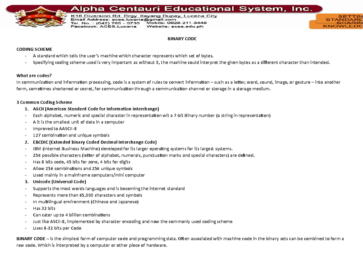 Binary CODE - it is a module - BINARY CODE CODING SCHEME A standard ...