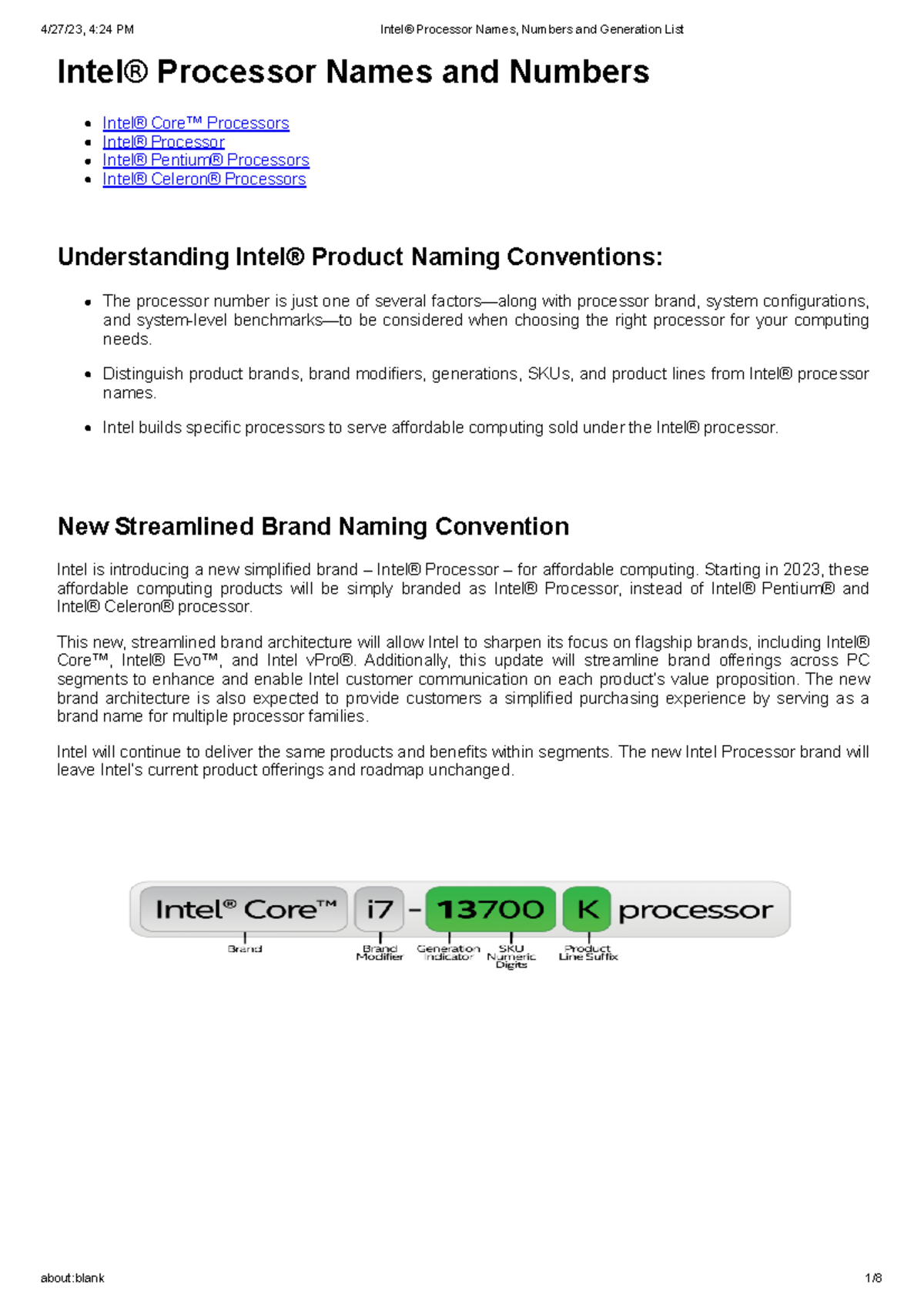 Intel® Processor Names, Numbers and Generation List Intel® Processor Names and Numbers Intel