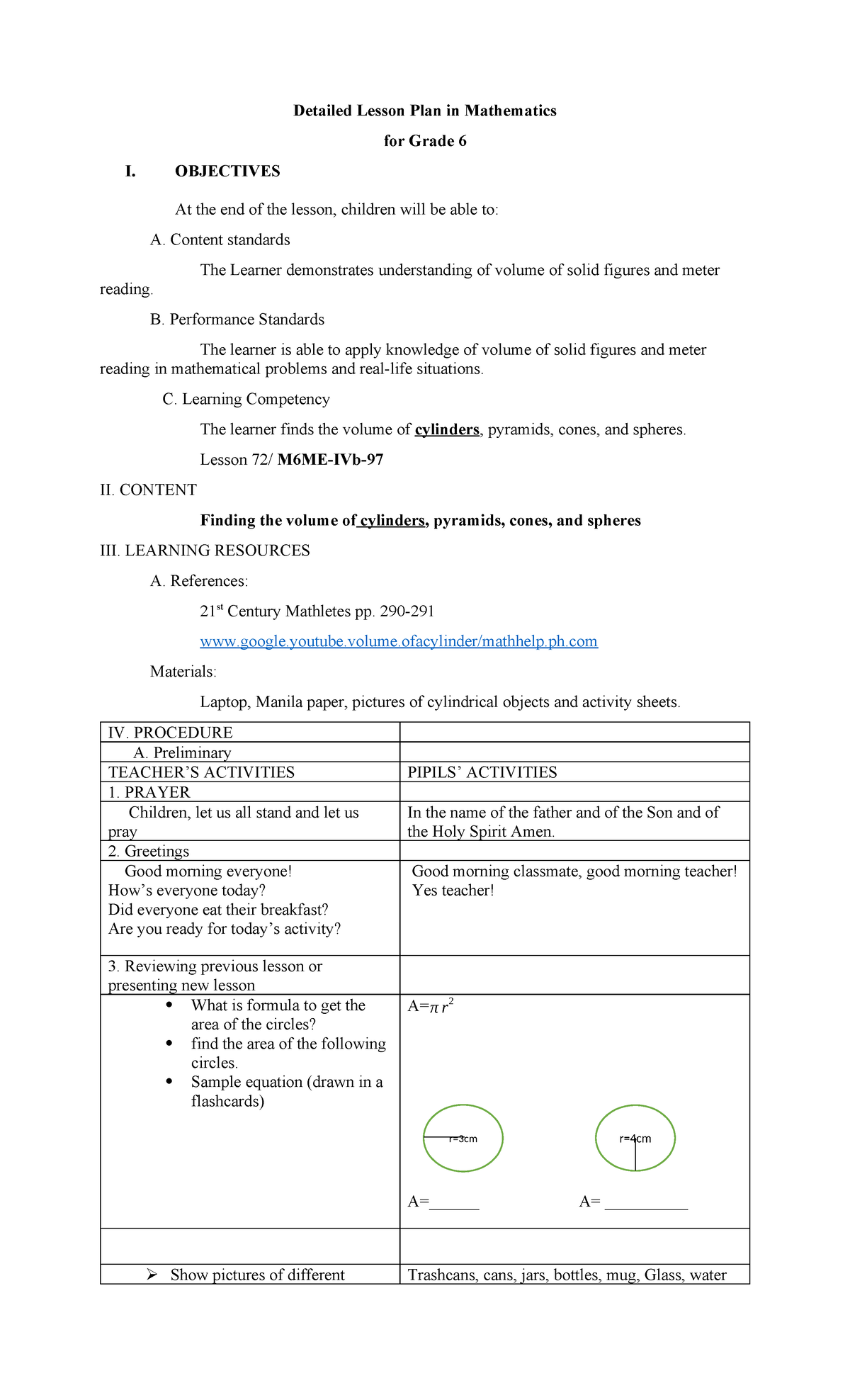 Detailed Lesson Plan in Mathematics - OBJECTIVES At the end of the ...