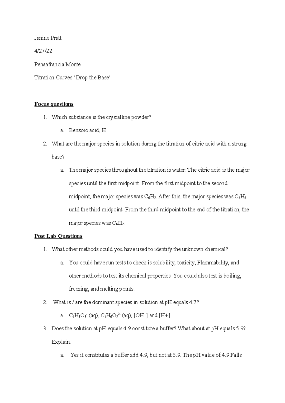 Lab 15 Titration Curves "Drop the Base" Janine Pratt 4/27