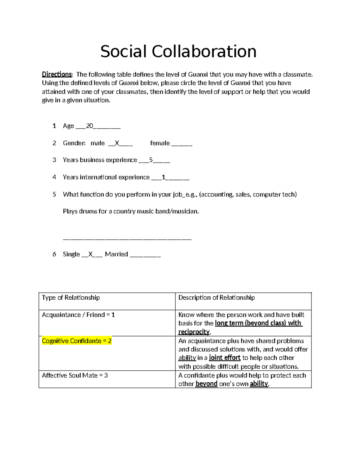 Relationship Questionnaire 1 - Social Collaboration Directions: The ...