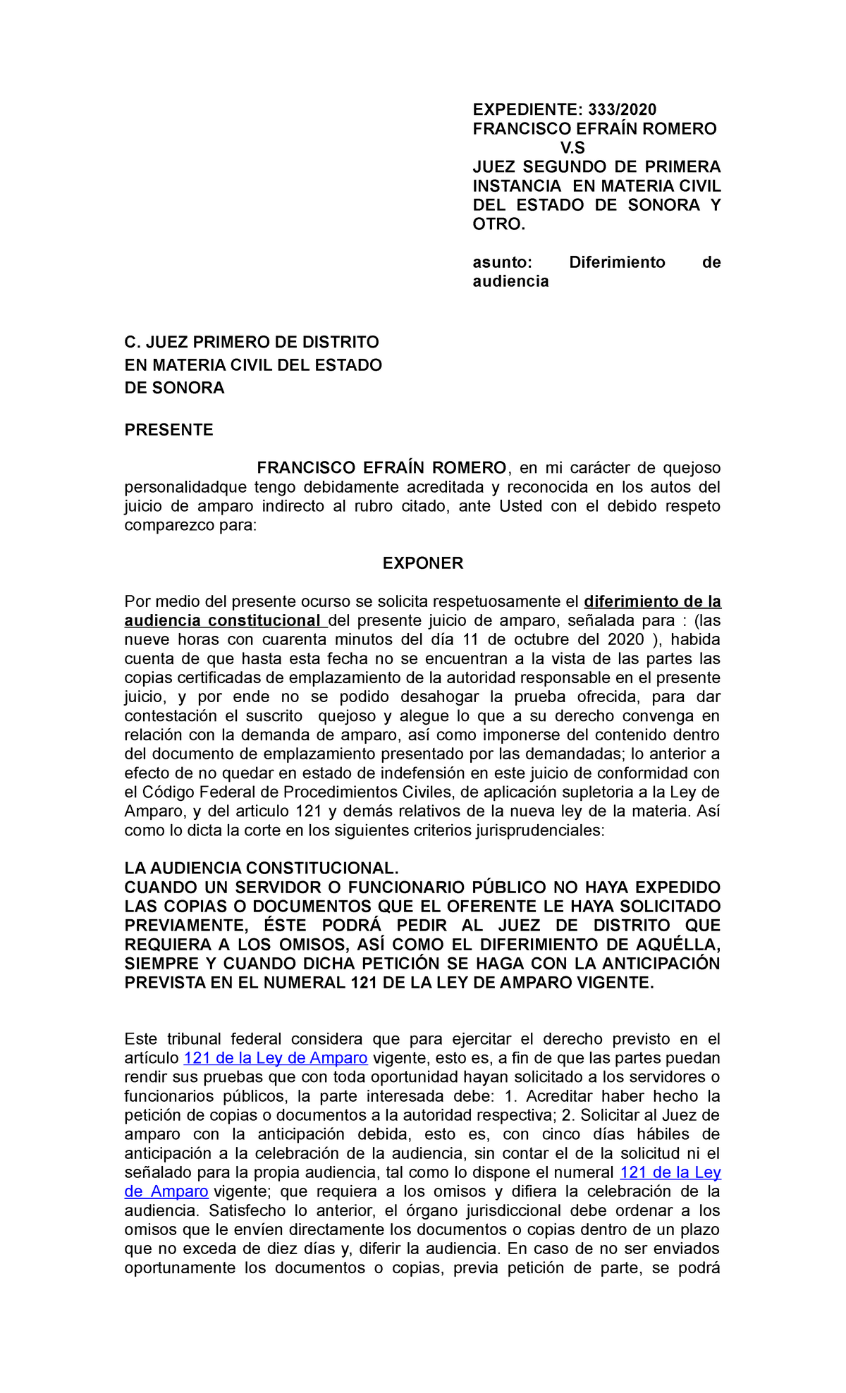 Difirimiento De La Audiencia Derecho Expediente 333 Francisco