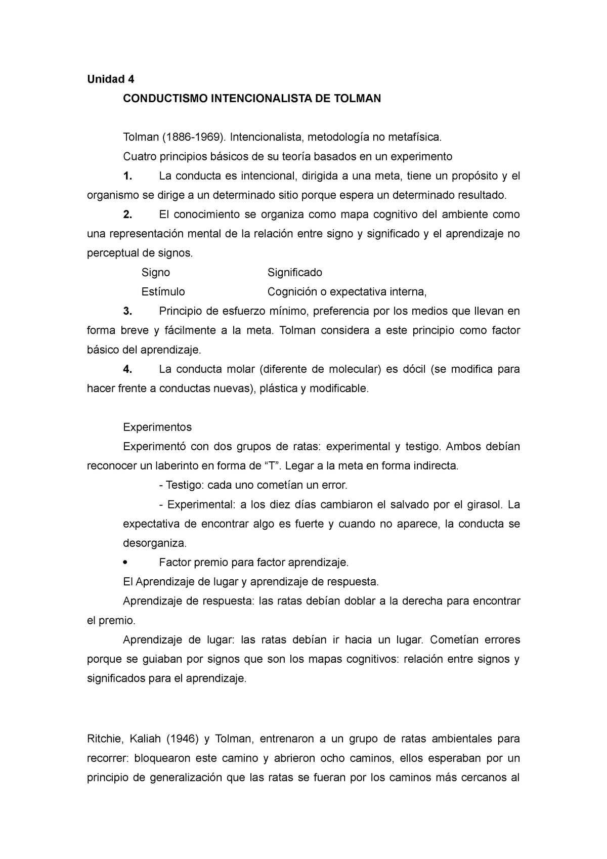 Uni 4 Resumen Cognitiva Unidad 4 Conductismo Intencionalista De Tolman Tolman 1886 1969 5237