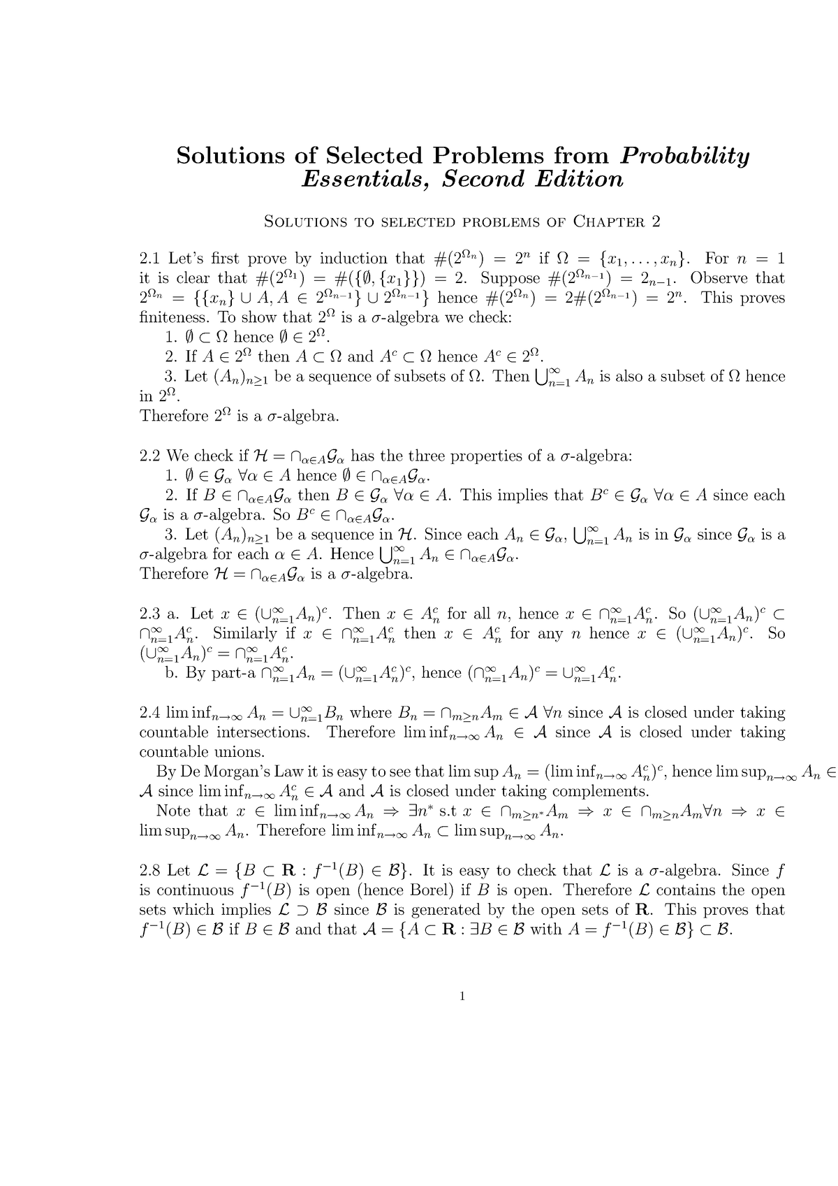 Probability Essentials - R. Durrett Solution Manual - Solutions Of ...