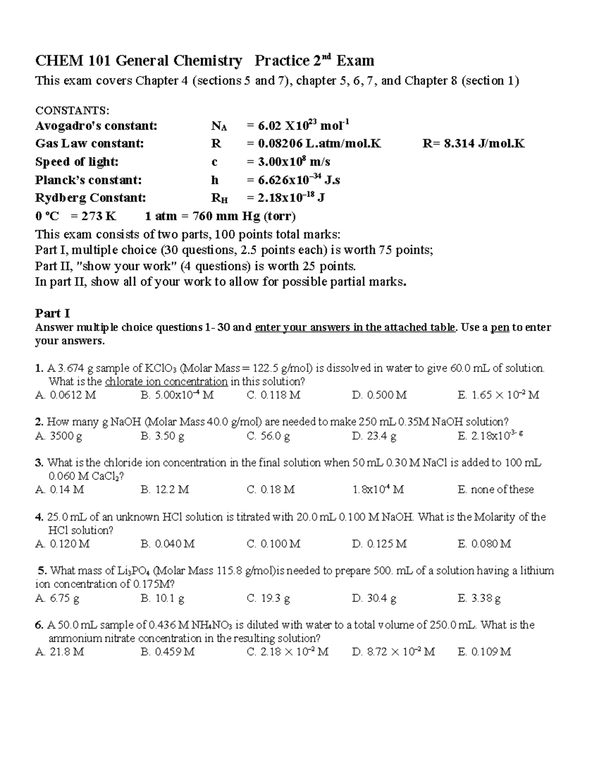 EXAM Practice MT2 - CHEM 101 General Chemistry Practice 2 nd Exam This ...
