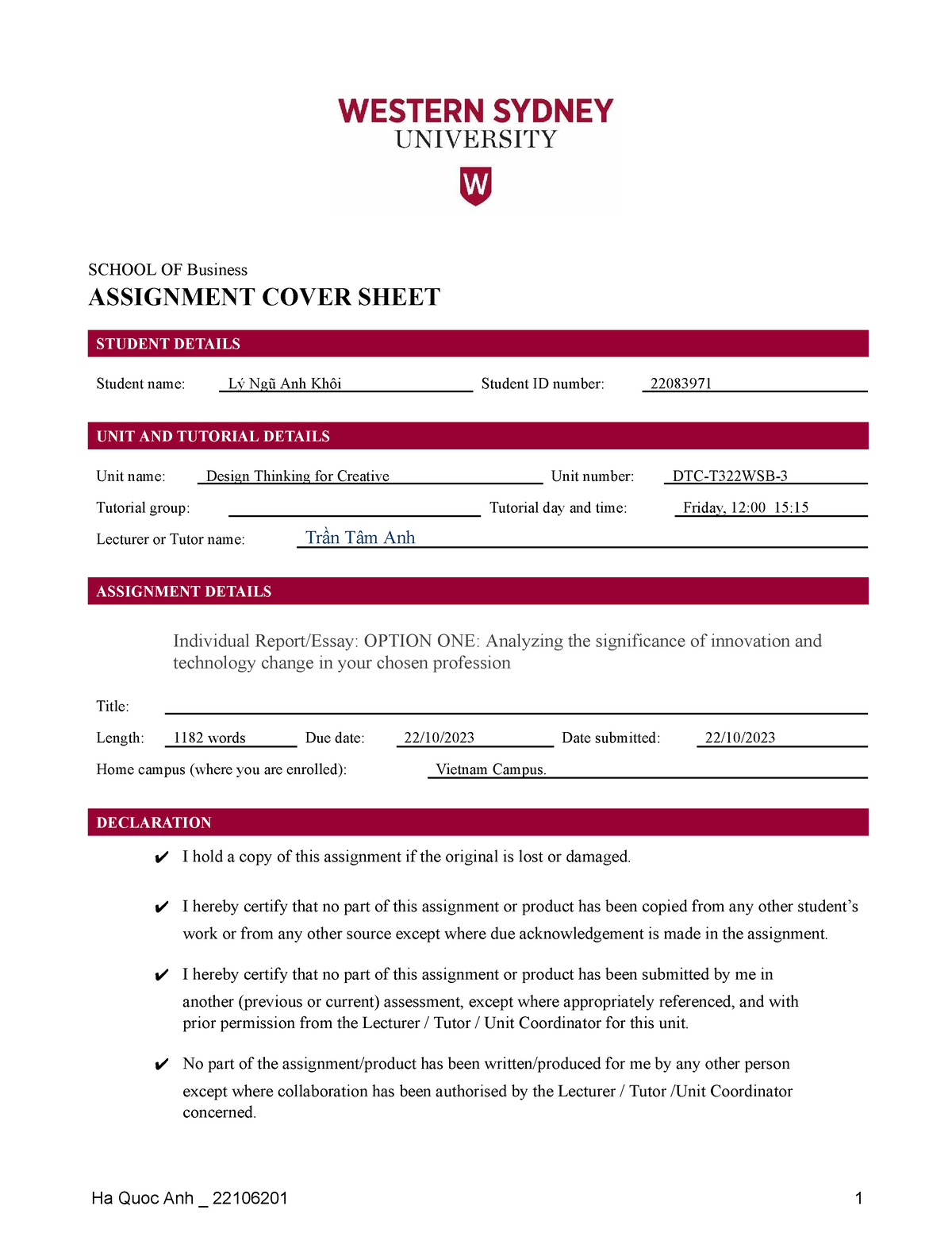 usyd business assignment cover sheet