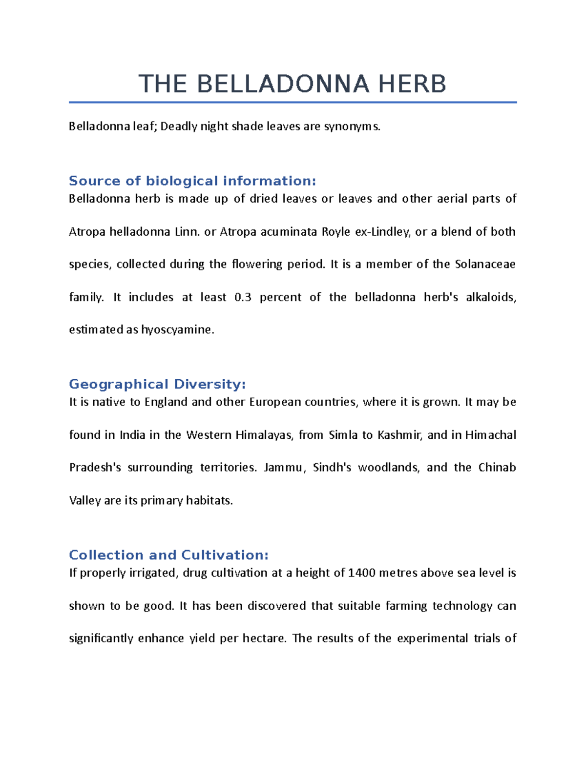 NOTE ON THE Belladonna HERB THE BELLADONNA HERB Belladonna leaf