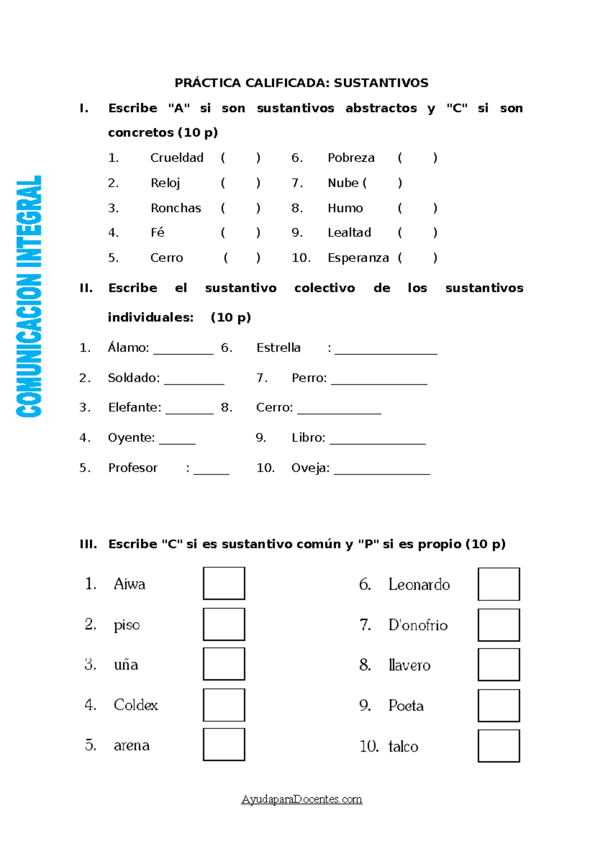 El Sustantivo para Tercero de Primaria - PRÁCTICA CALIFICADA ...