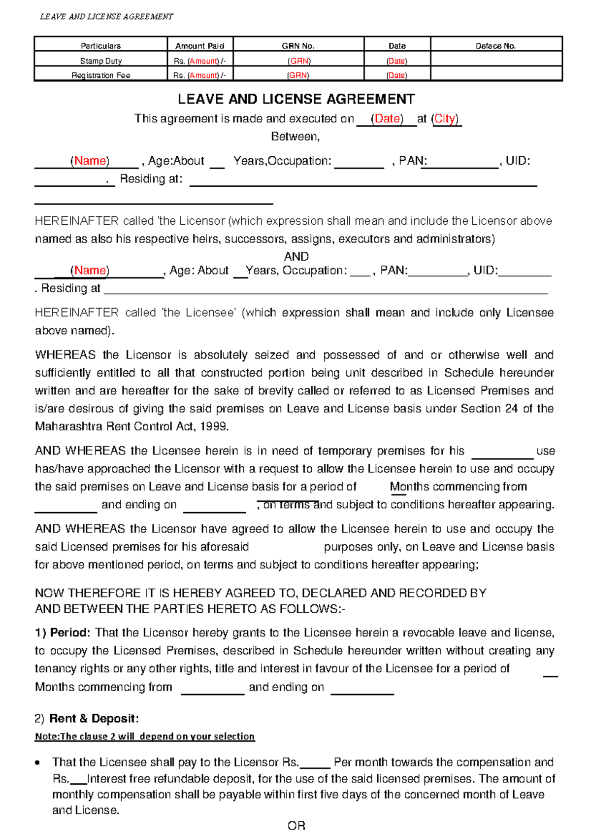 Rent agreement sample - Particulars Amount Paid GRN No. Date Deface No ...
