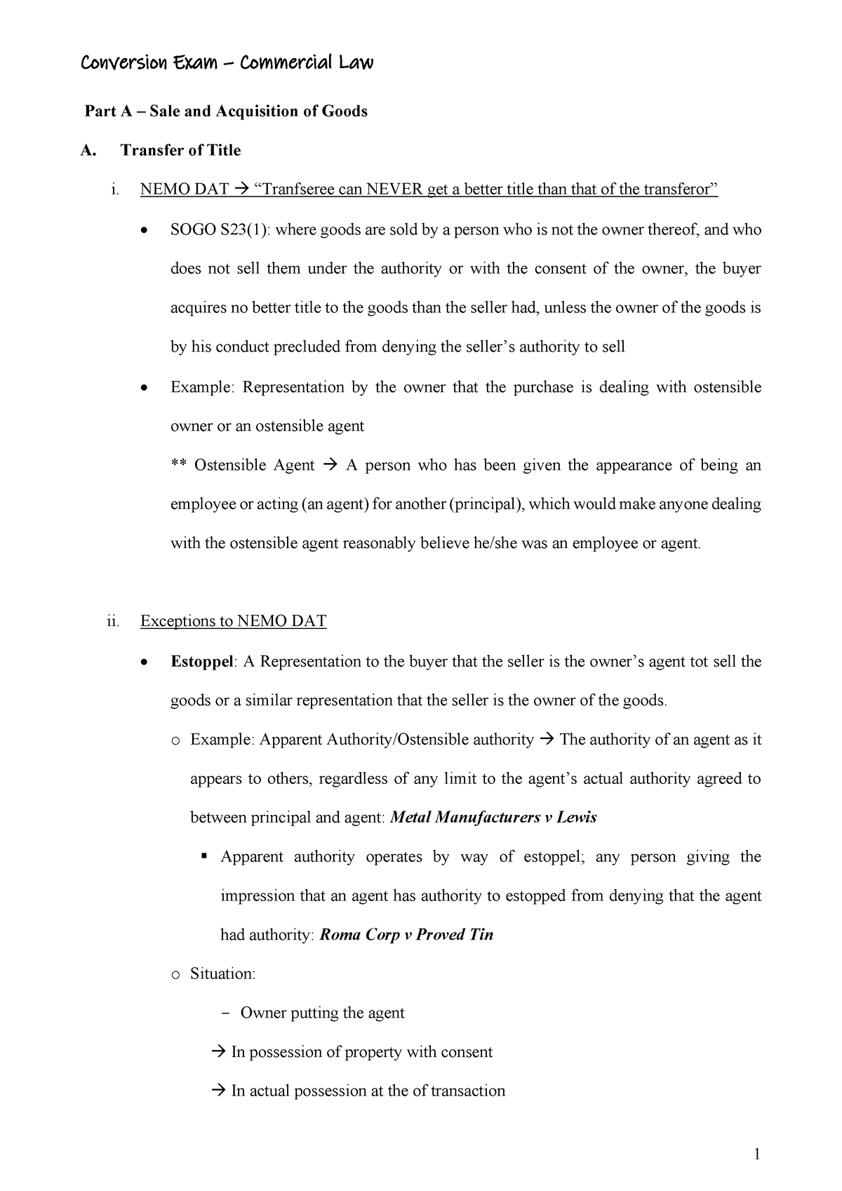 Commercial Law - Part A - Revision Notes - Part A – Sale and ...