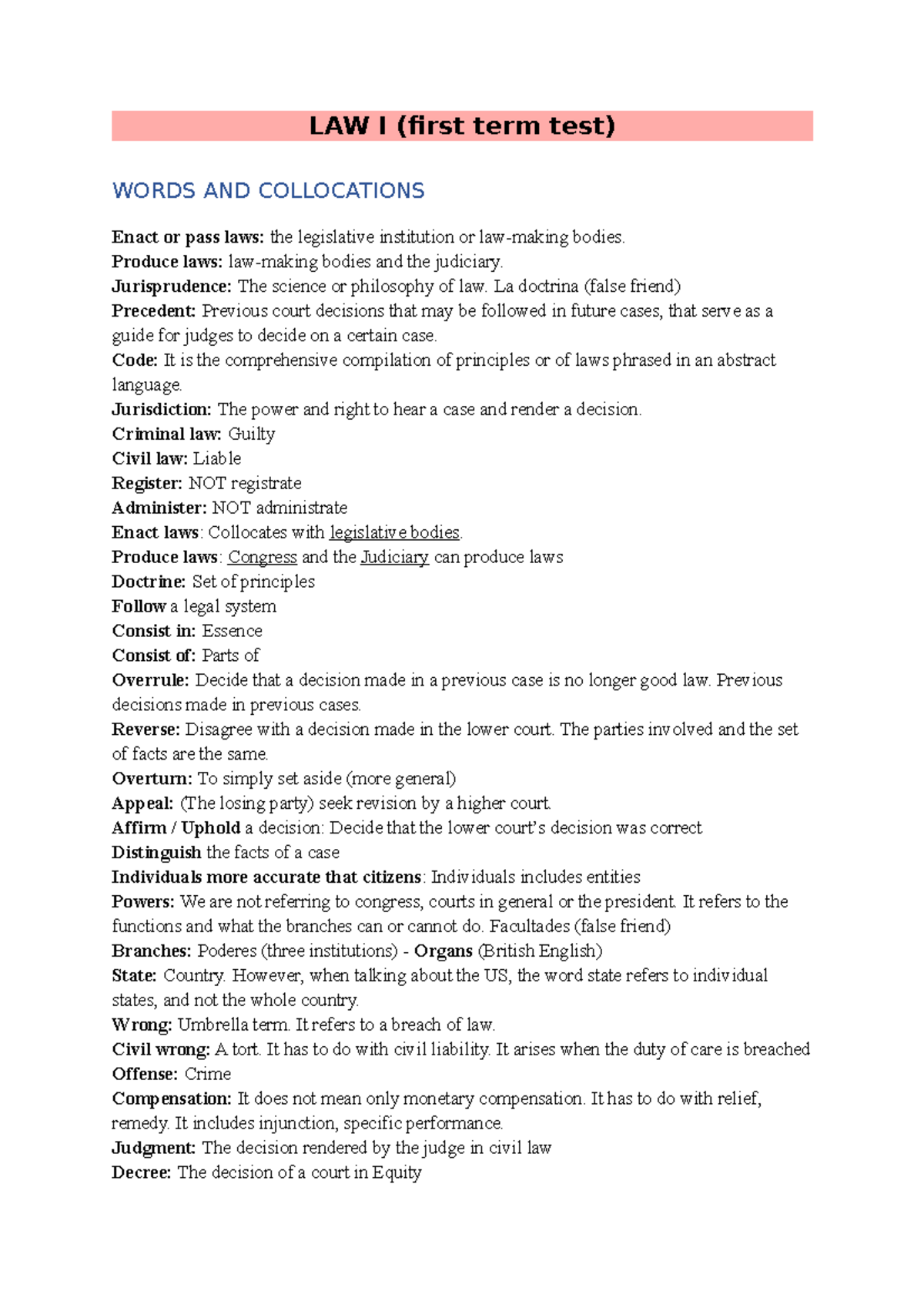 Law I (Lopez) Primer Parcial LAW I (first term test) WORDS AND