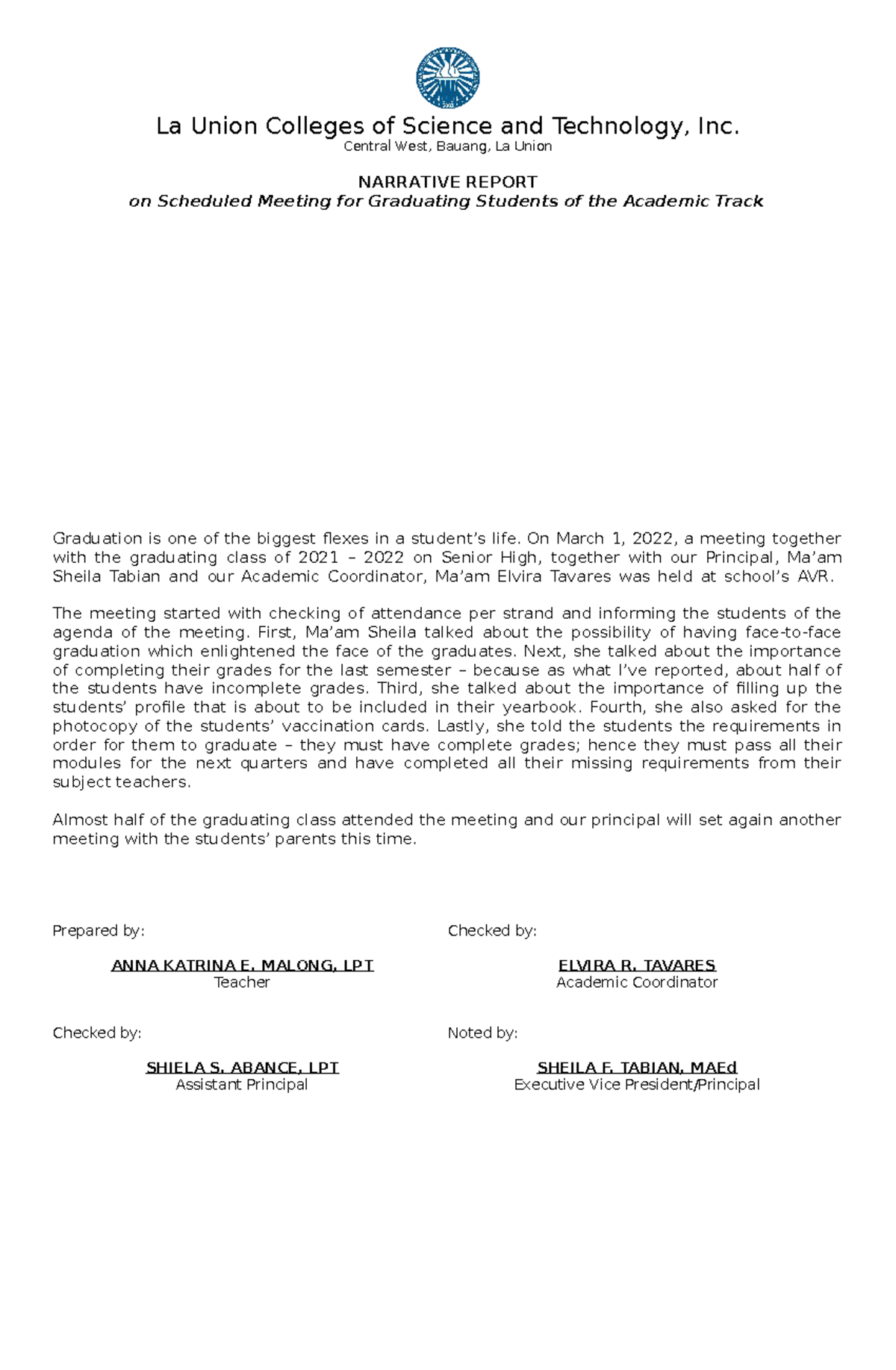 Scheduled Meeting FOR Graduating Students La Union Colleges Of 