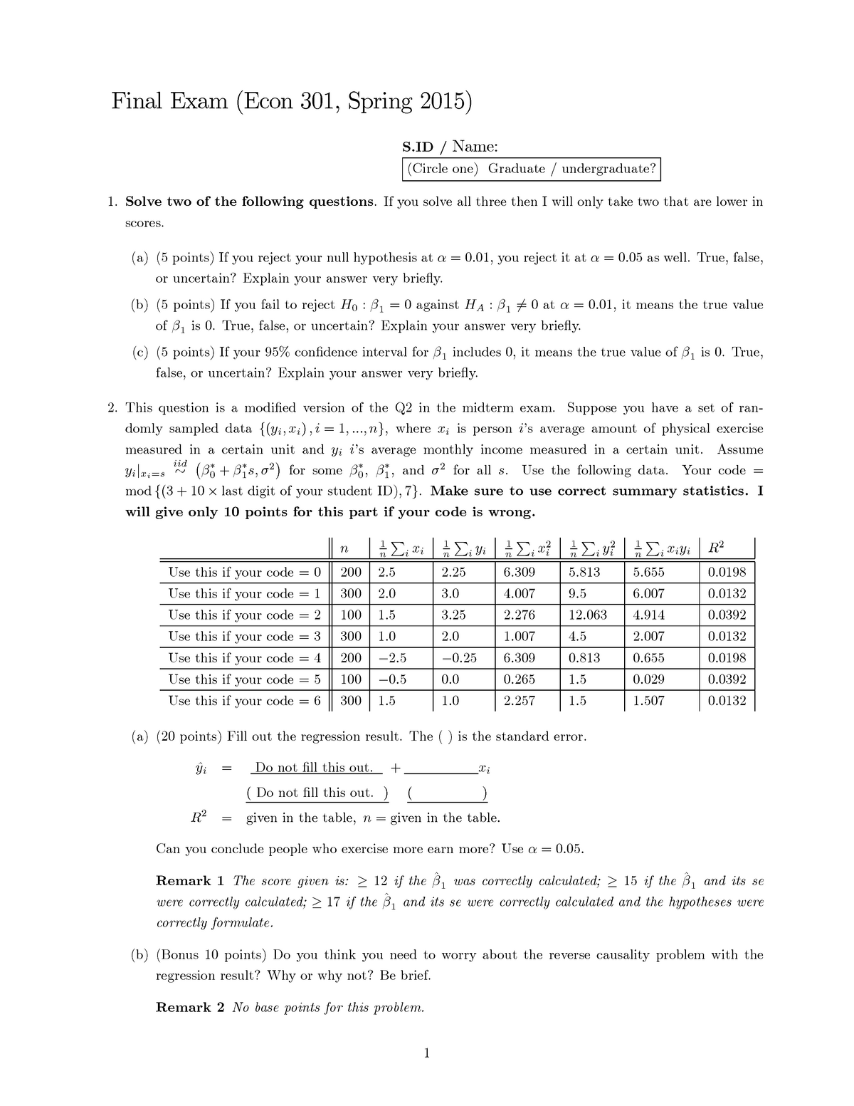 Final Exam Questions And Answers Final Exam Econ 301 Spring 2015 S 