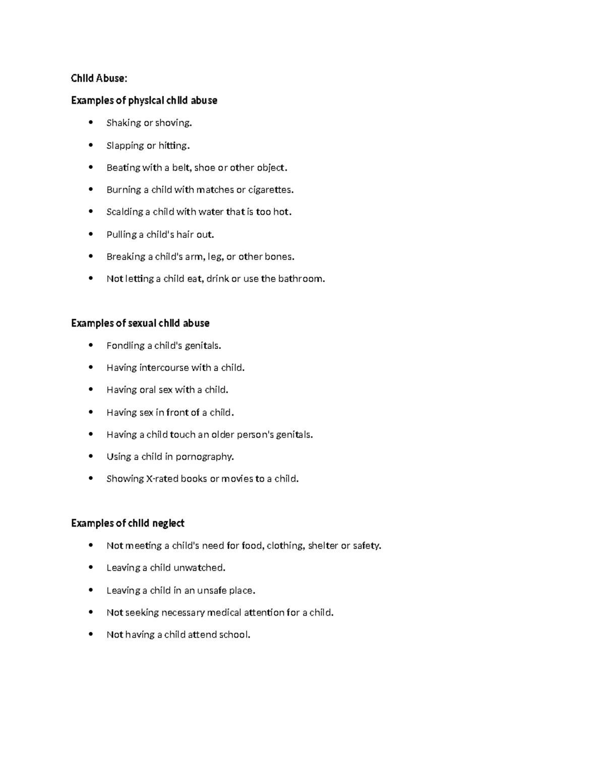 Notes for CA for reference - Child Abuse: Examples of physical child ...
