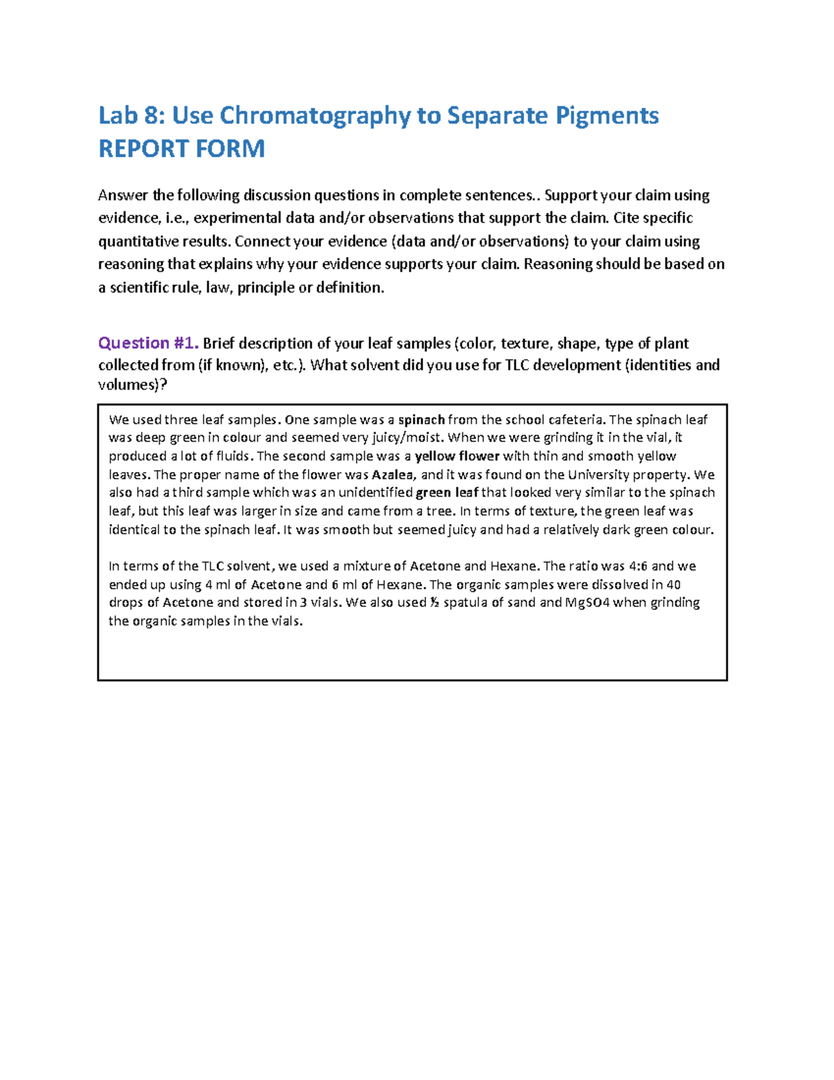Lab 8 Report FORM Use Chromatography to Separate Pigments Sp23 Lab 8