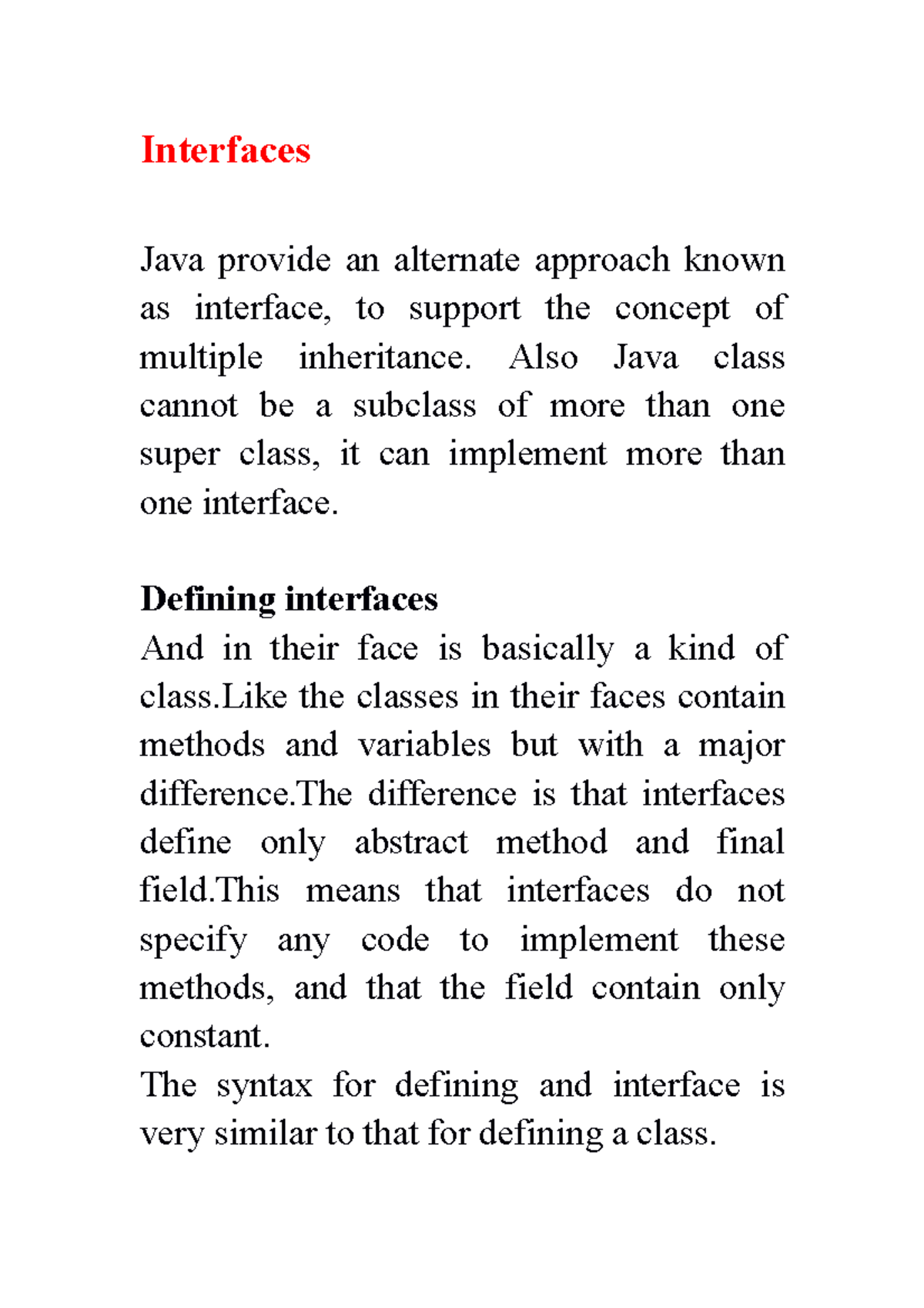 Interfaces and definition - Java Programming - Studocu