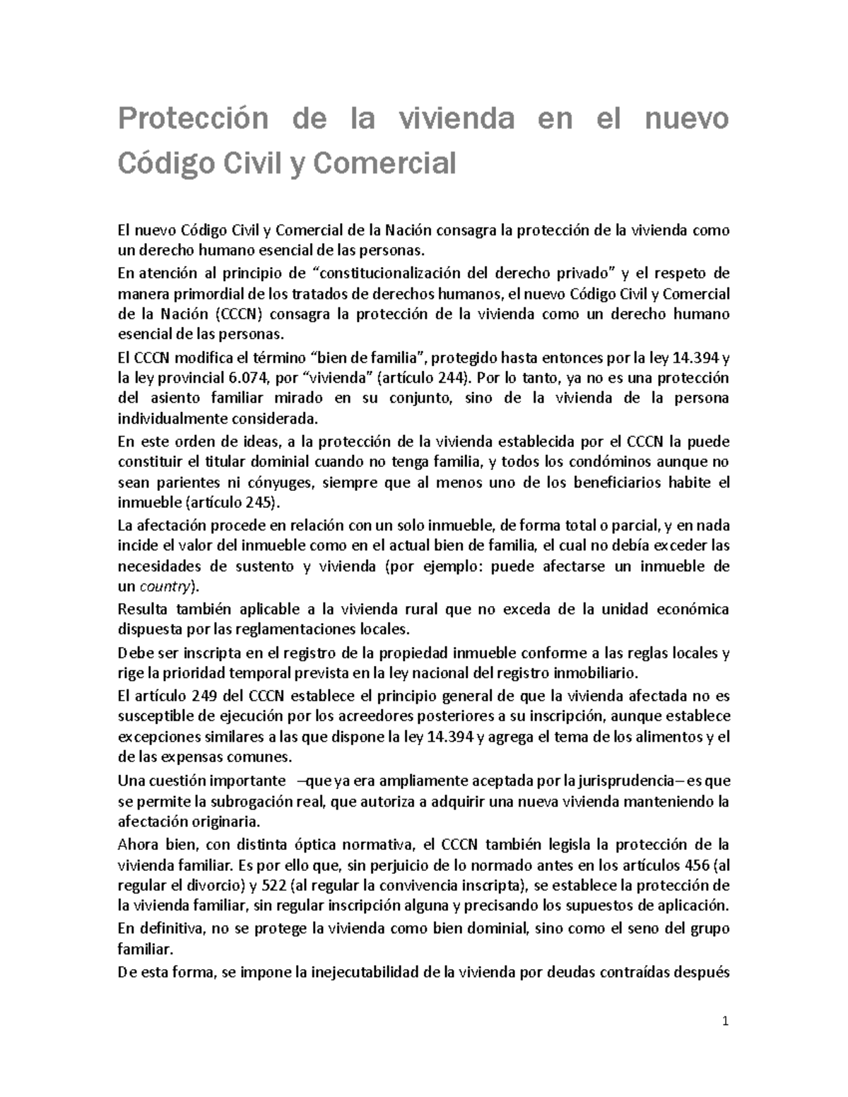 Protección de la vivienda en el nuevo CCCN - 1 Protección de la ...