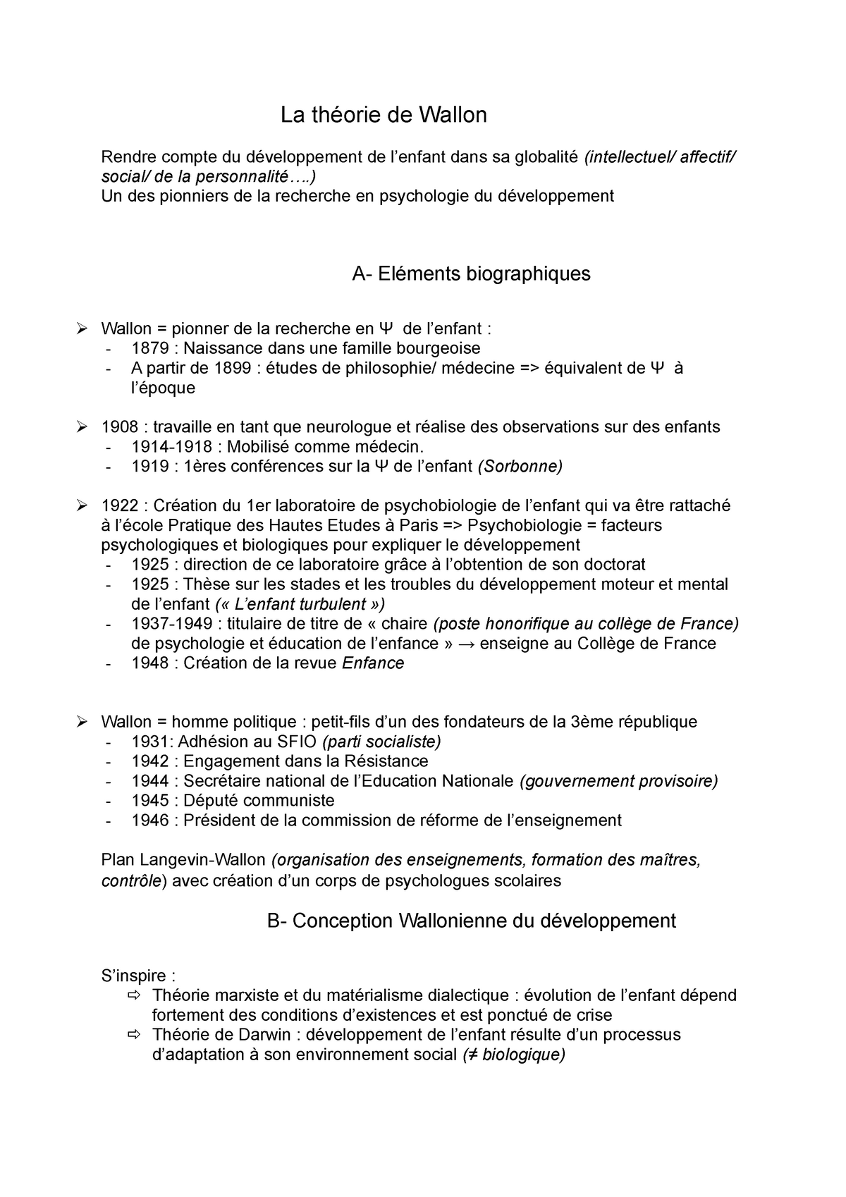 La Théorie De Wallon Notes De Cours Cours De Psycho La Théorie De Wallon Rendre Compte Du 