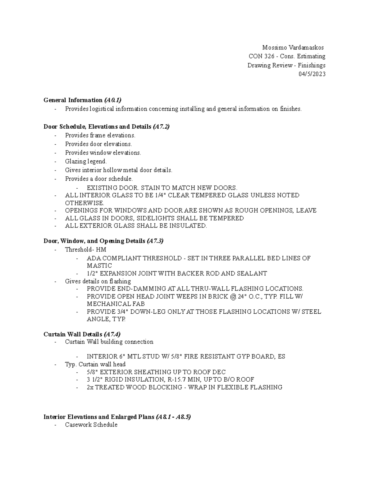 CON 326 Drawing Review Finishings Windows Glazing Mossimo