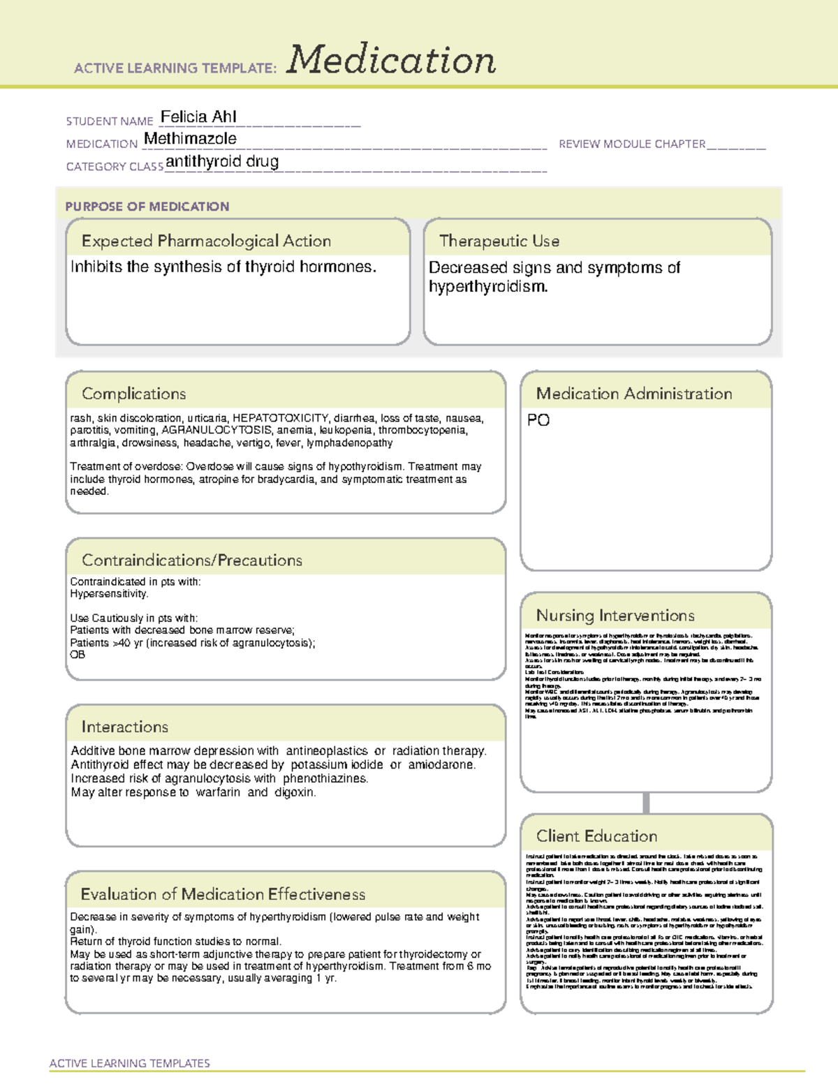 Methimazole drug cards ACTIVE LEARNING TEMPLATES Medication STUDENT