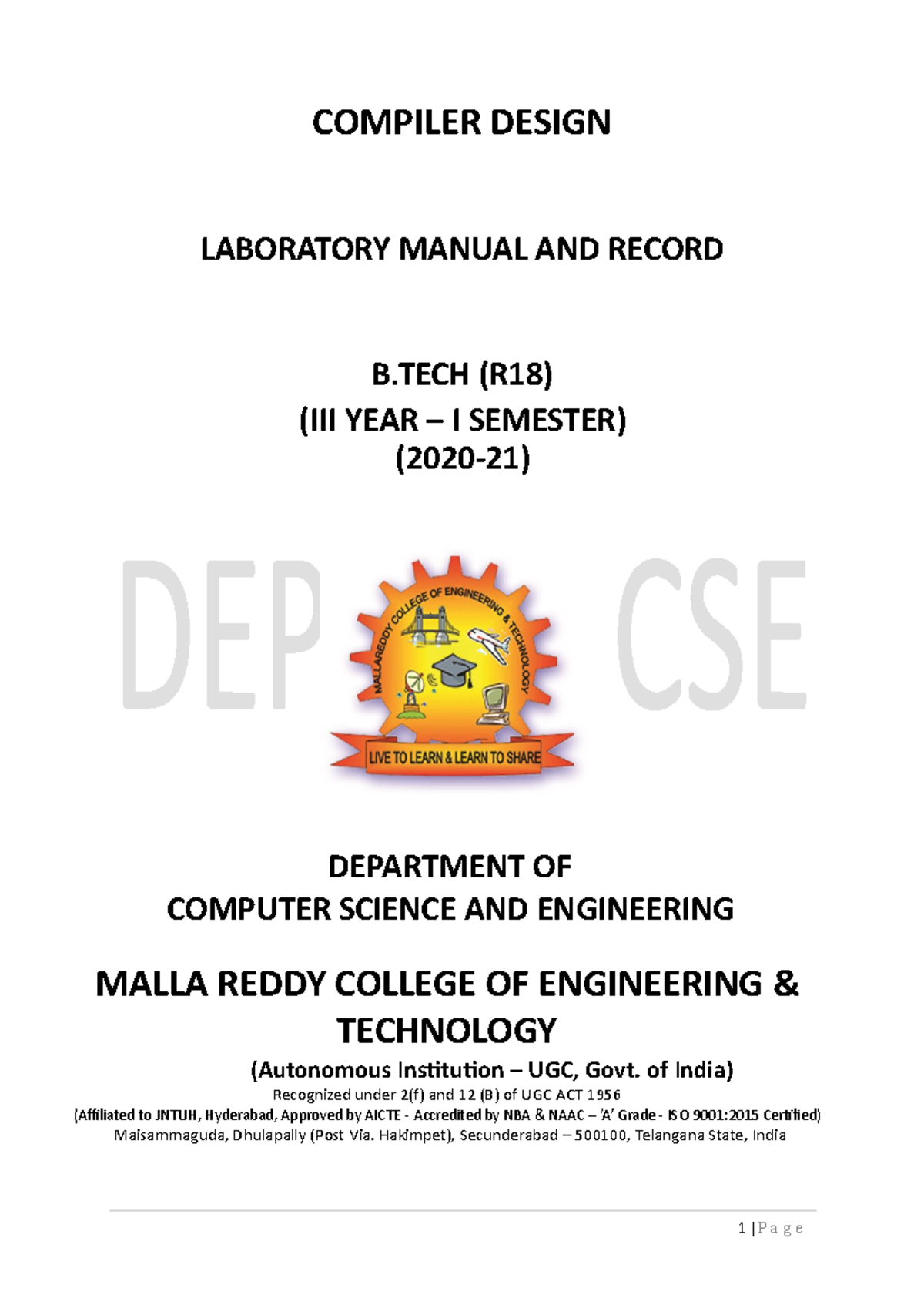 Compiler Design LAB - DIP - 1 | P a g e COMPILER DESIGN LABORATORY ...