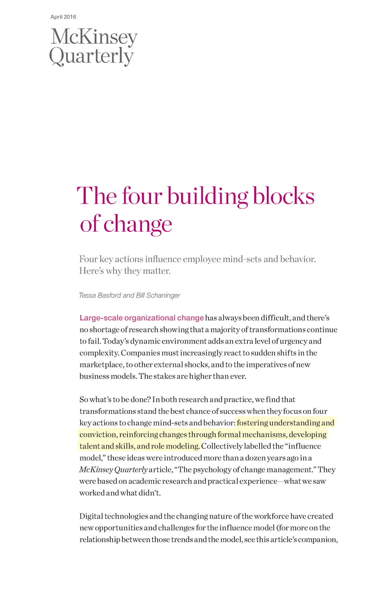 The four building blocks of change according to a McK study, based