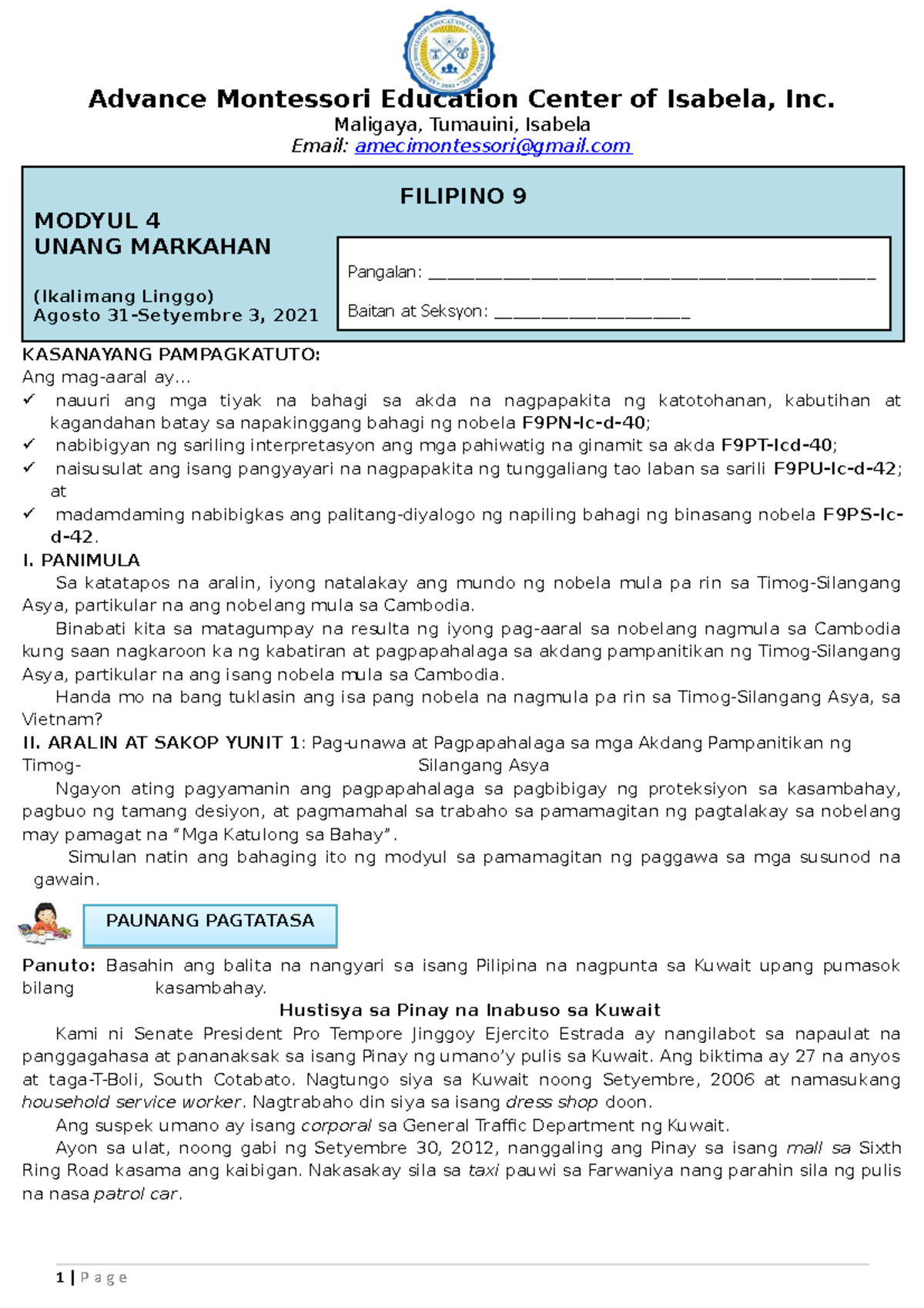 Filipino 9 Week 5 Modyul 5 Advance Montessori Education Center Of