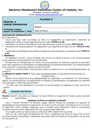 Filipino 9 Week 6 Q1 - MODYUL 6 - KASANAYANG PAMPAGKATUTO: Ang Mag ...