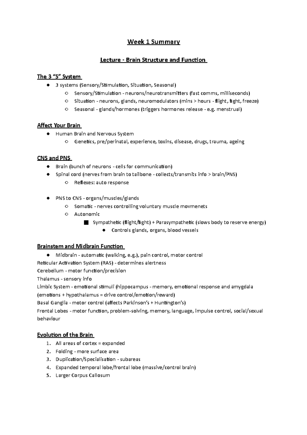 Week 1 Summary - Week 1 Summary Lecture - Brain Structure and Function ...