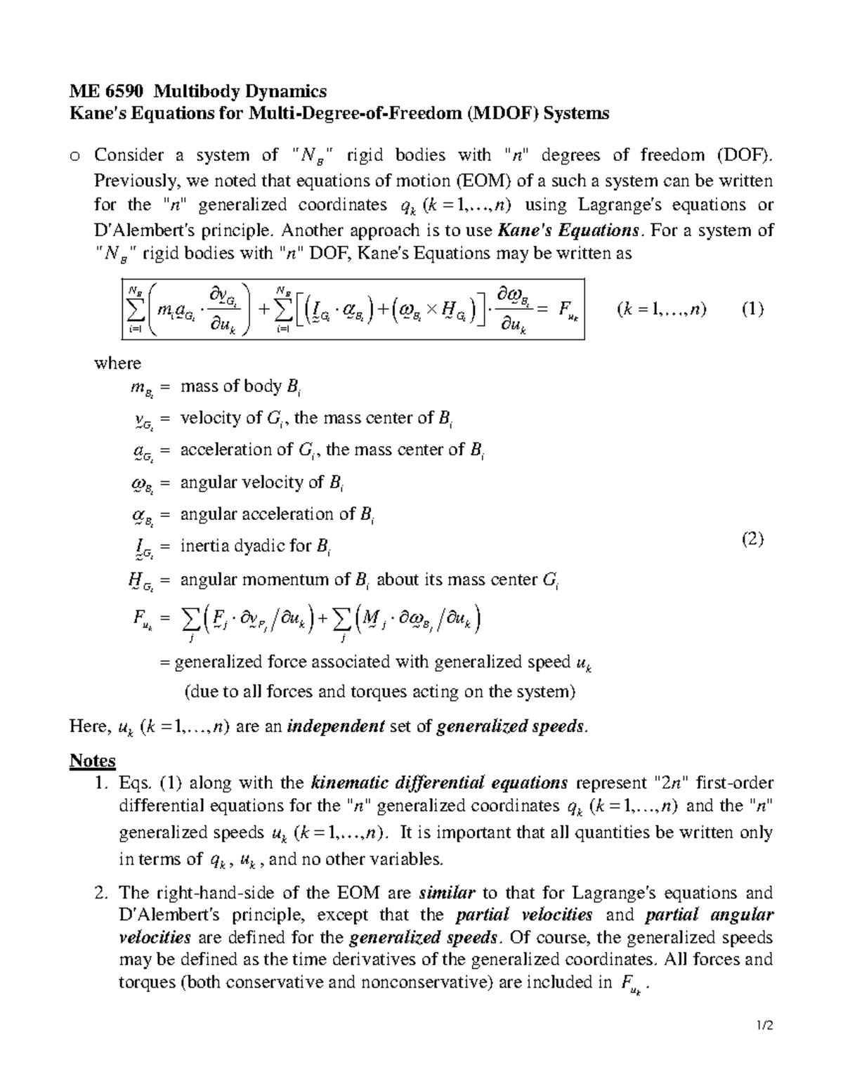 Me659Kane Equations NDOF - 1/ ME 6590 Multibody Dynamics Kane's ...