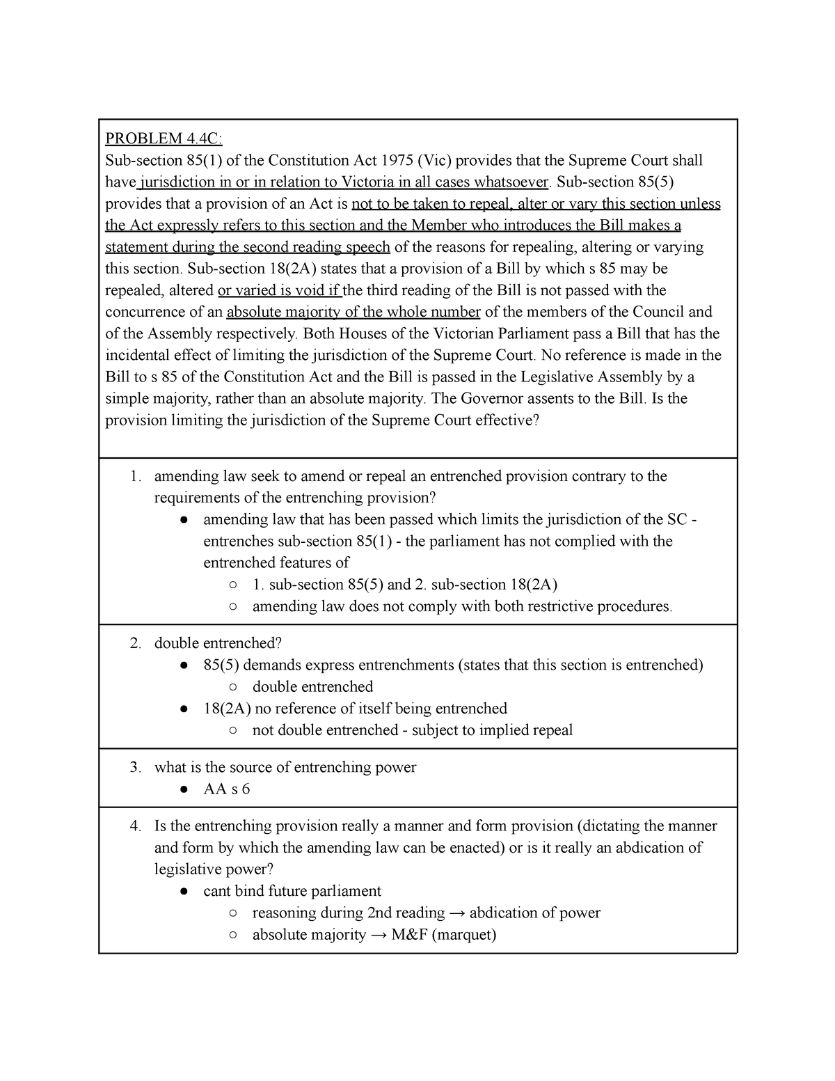 Problem 4 - PROBLEM 4: Sub-section 85(1) of the Constitution Act 1975 ...