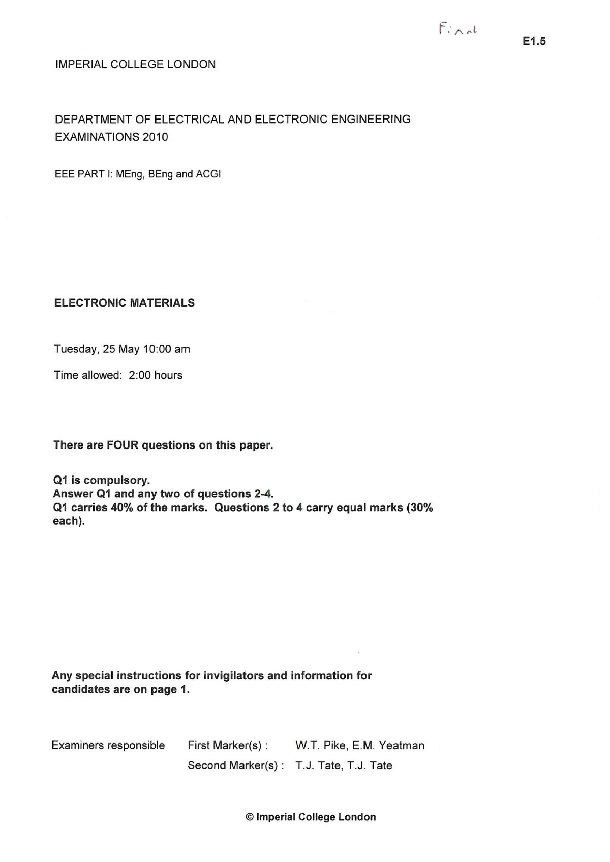 Exam 2010, Questions And Answers - EE1.05 - Studocu