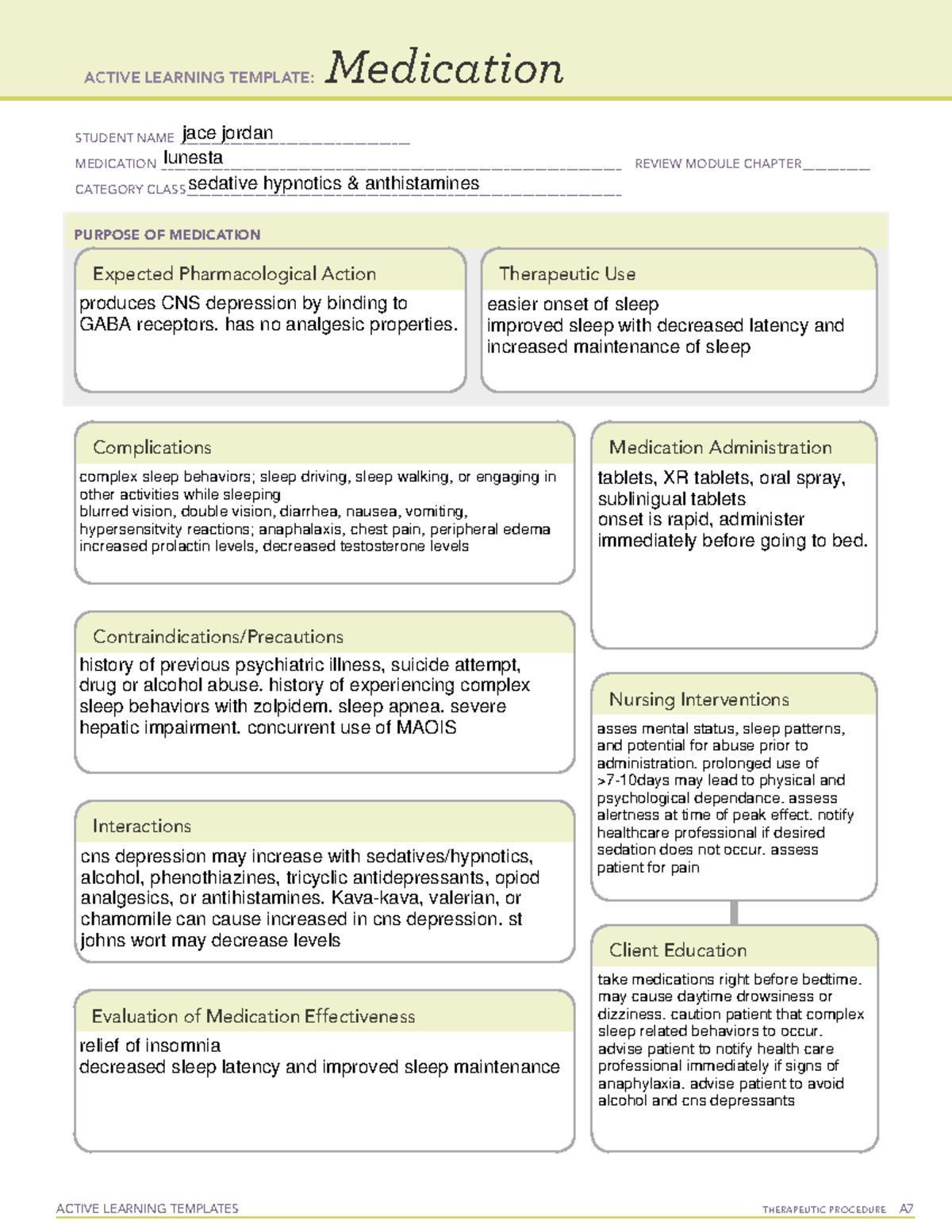 Lunesta - medication template - ACTIVE LEARNING TEMPLATES THERAPEUTIC ...