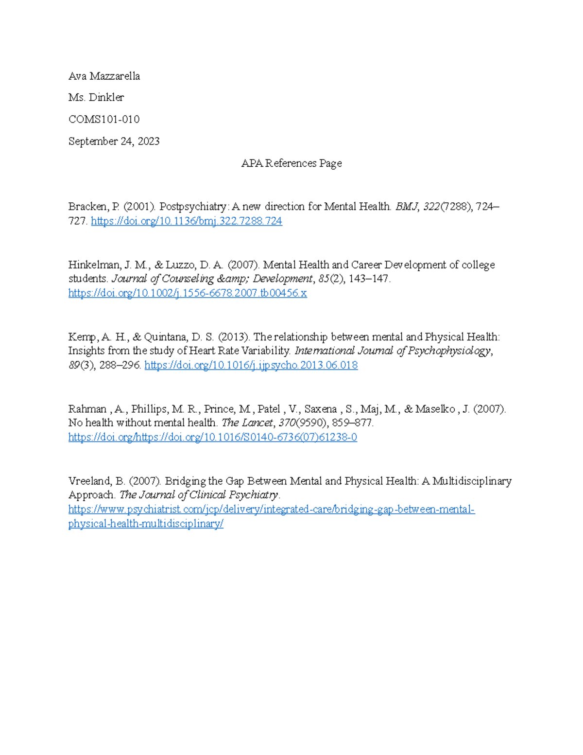 APA References Page - Ava Mazzarella Ms. Dinkler COMS101- September 24 ...