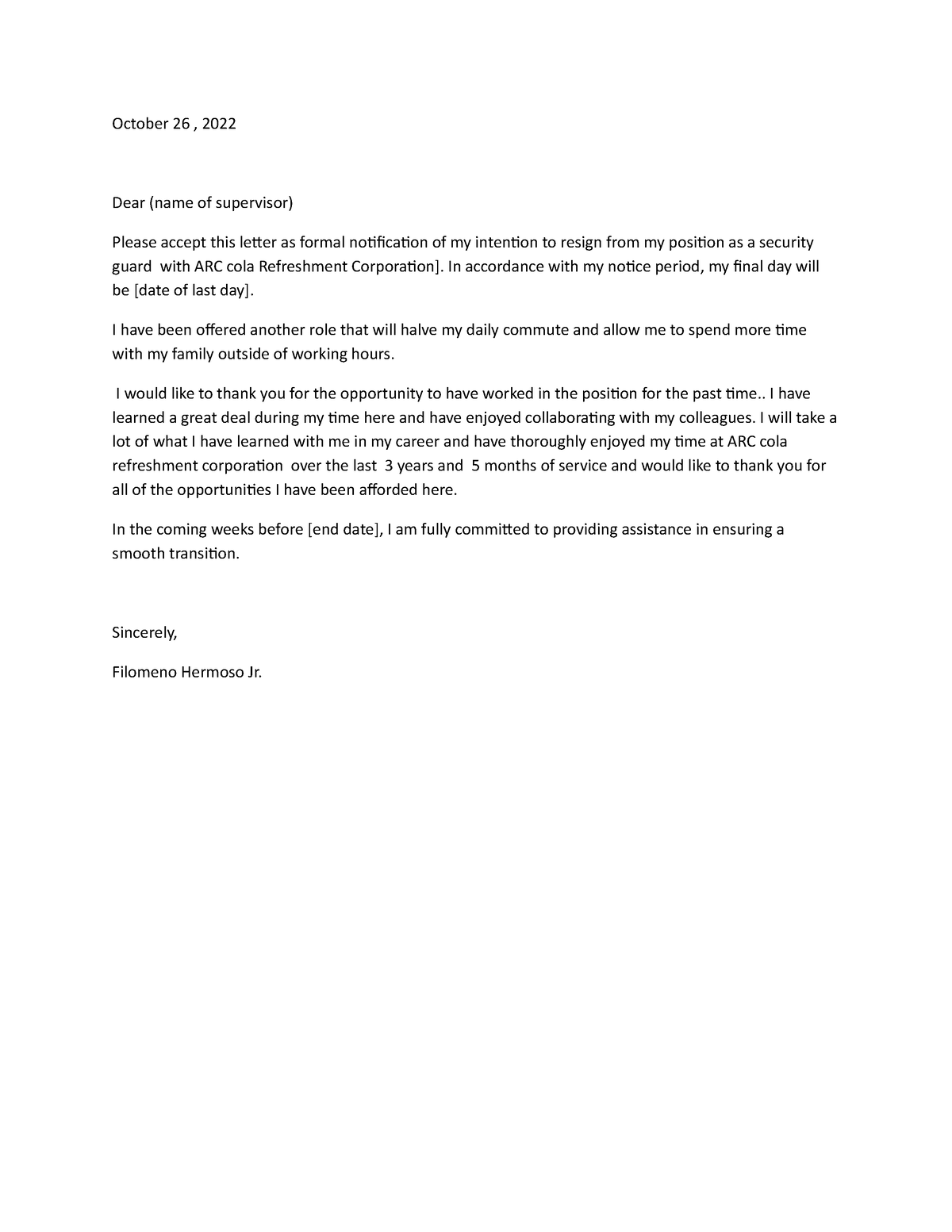 Resignation letter October 26 , 20-WPS Office - October 26 , 2022 Dear ...