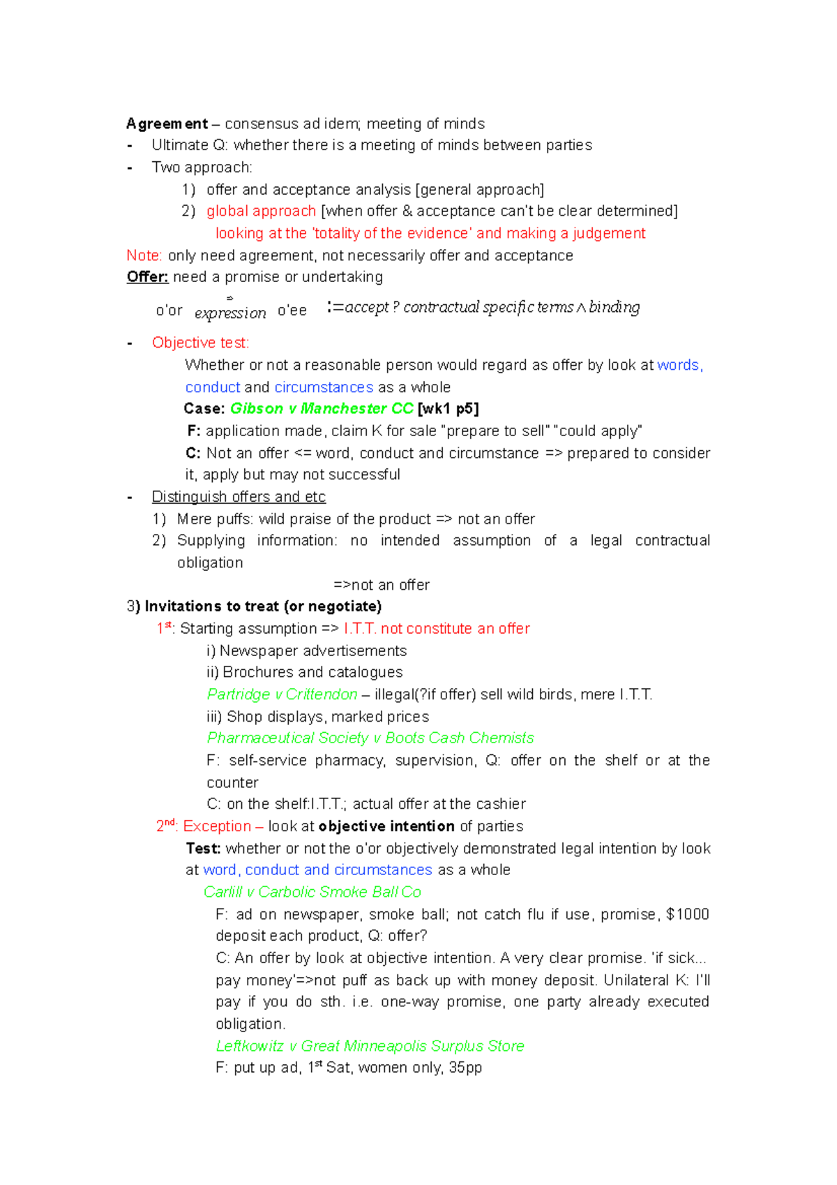 Contract Law Exam notes - Agreement – consensus ad idem; meeting of ...