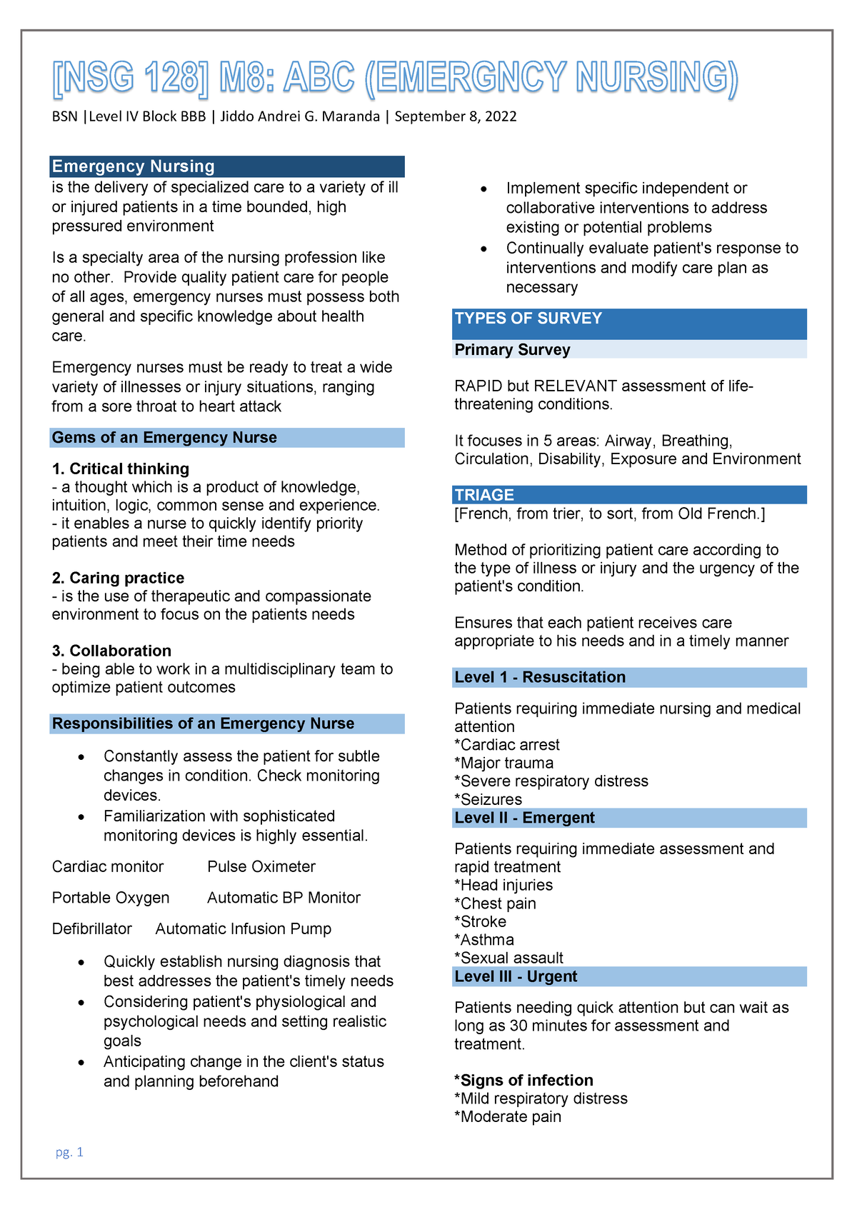 EMERGENCY NURSING NOTES - BSN |Level IV Block BBB | Jiddo Andrei G ...