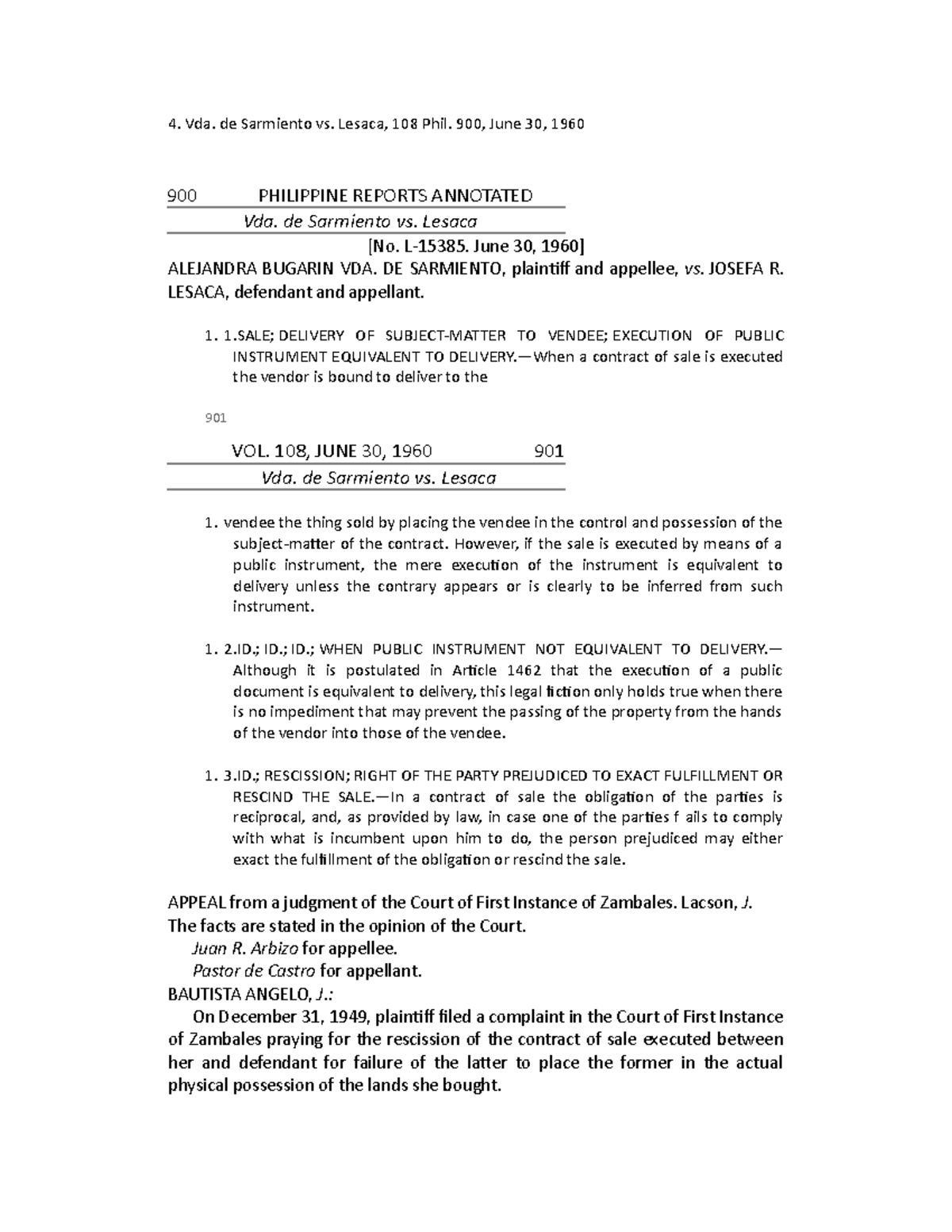 4. Vda. de Sarmiento vs. Lesaca, 108 Phil. 900, June 30, 1960 - Vda. de ...