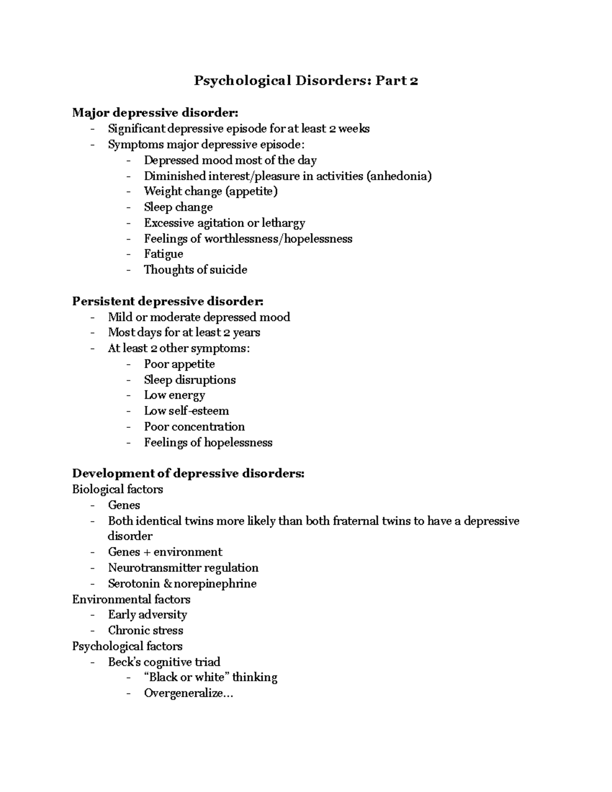 PYSC 101 notes psychological disorders part 2 - Psychological Disorders ...