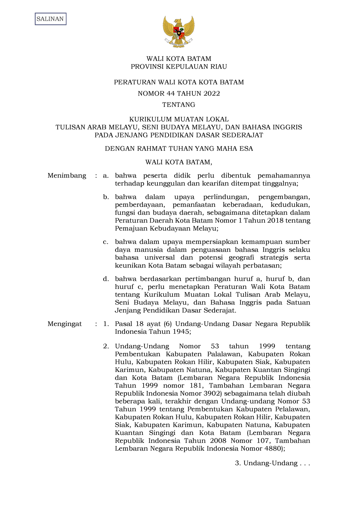 Perwali Batam No 44 Tahun 2022 - WALI KOTA BATAM PROVINSI KEPULAUAN ...