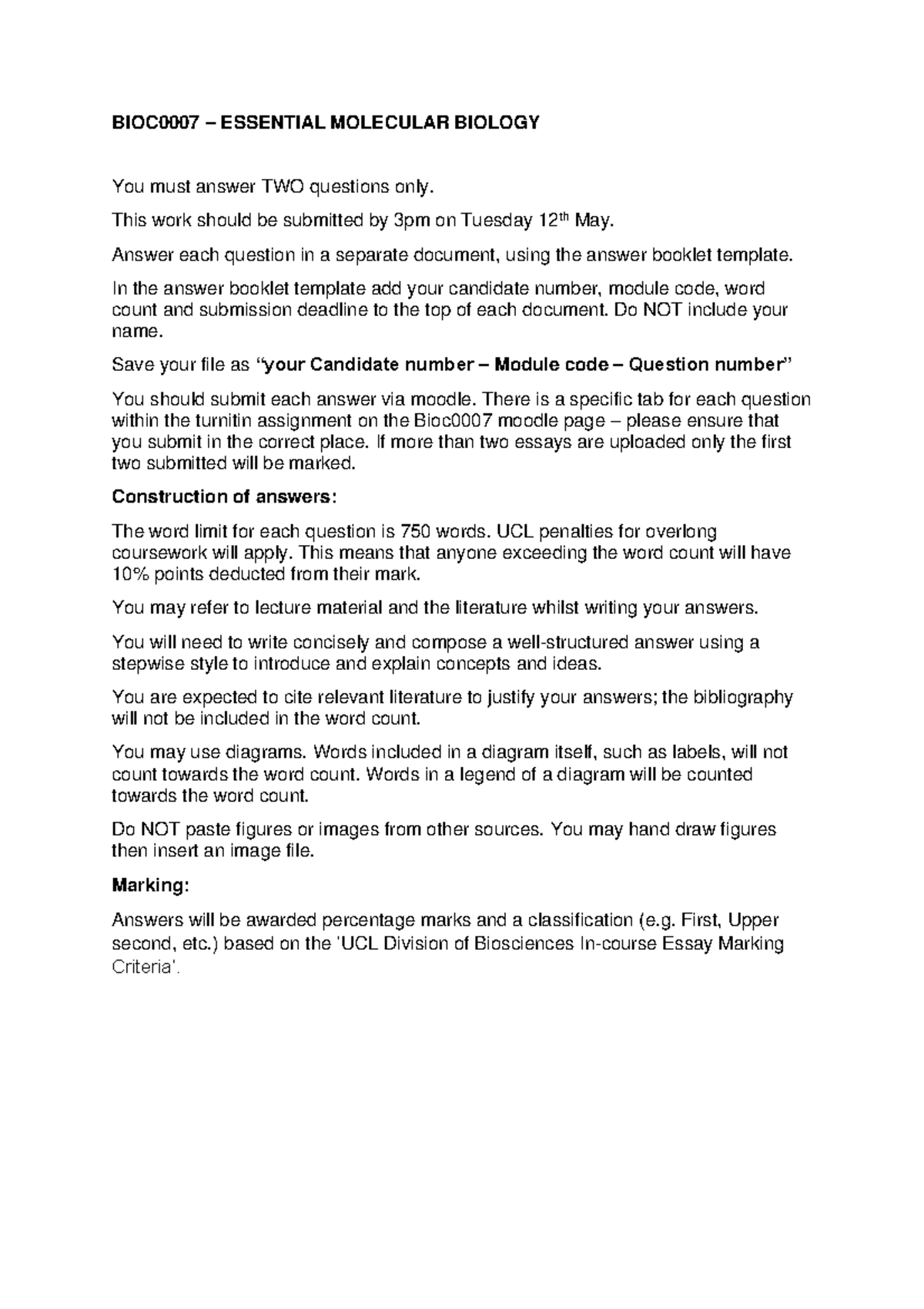 Essential Molecular Biology 2020 - BIOC0007 – ESSENTIAL MOLECULAR