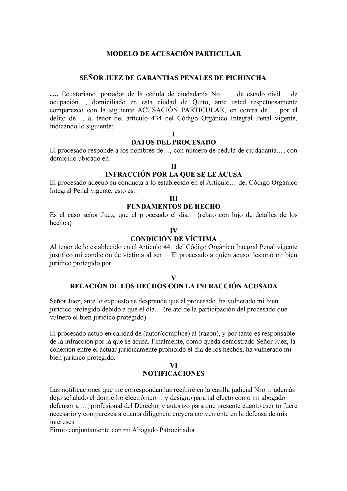 Acusación Particular Modelo De AcusaciÓn Particular SeÑor Juez De GarantÍas Penales De 0474