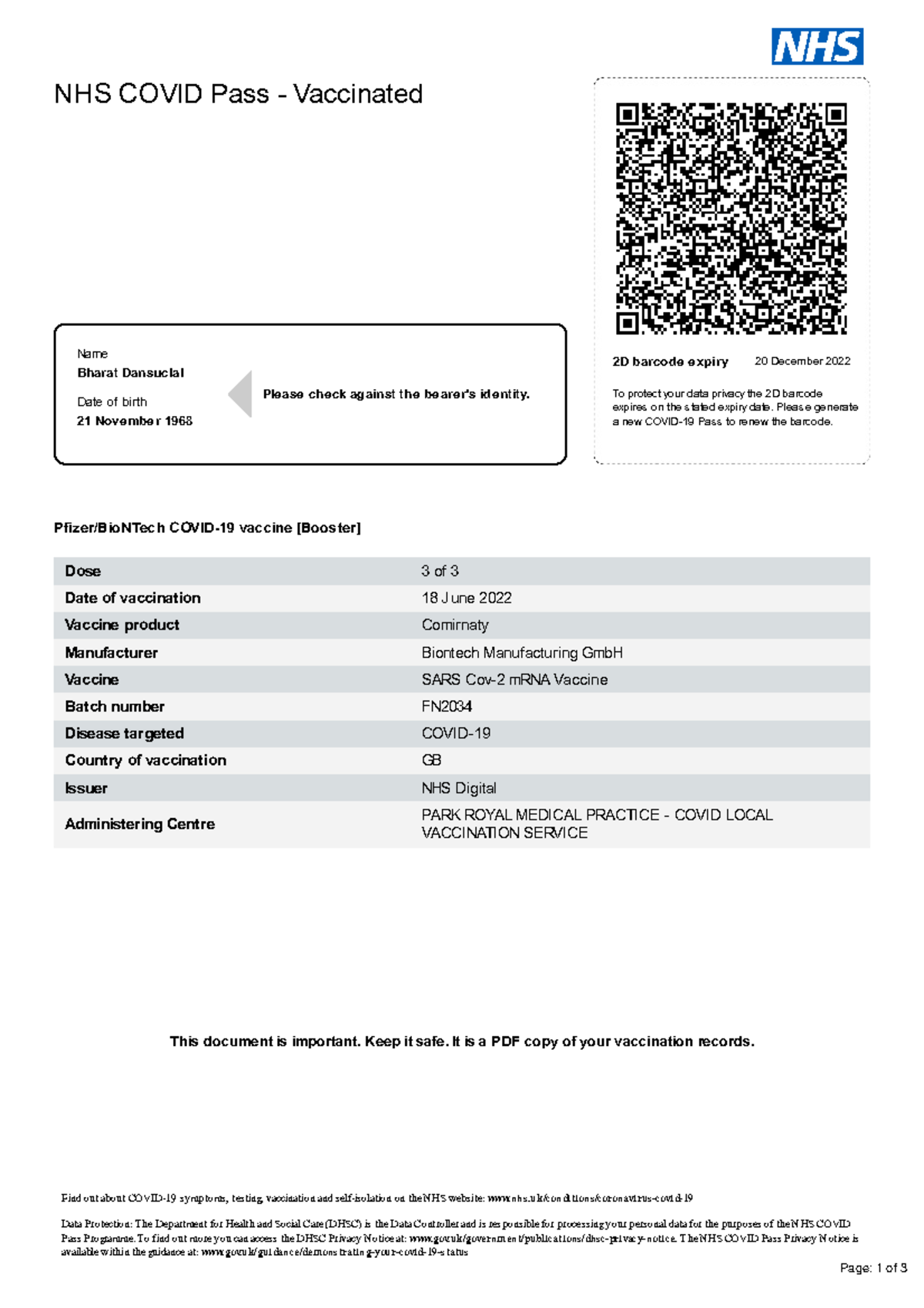 Coronavirus ( Covid-19) records - NHS COVID Pass - Vaccinated 2D ...