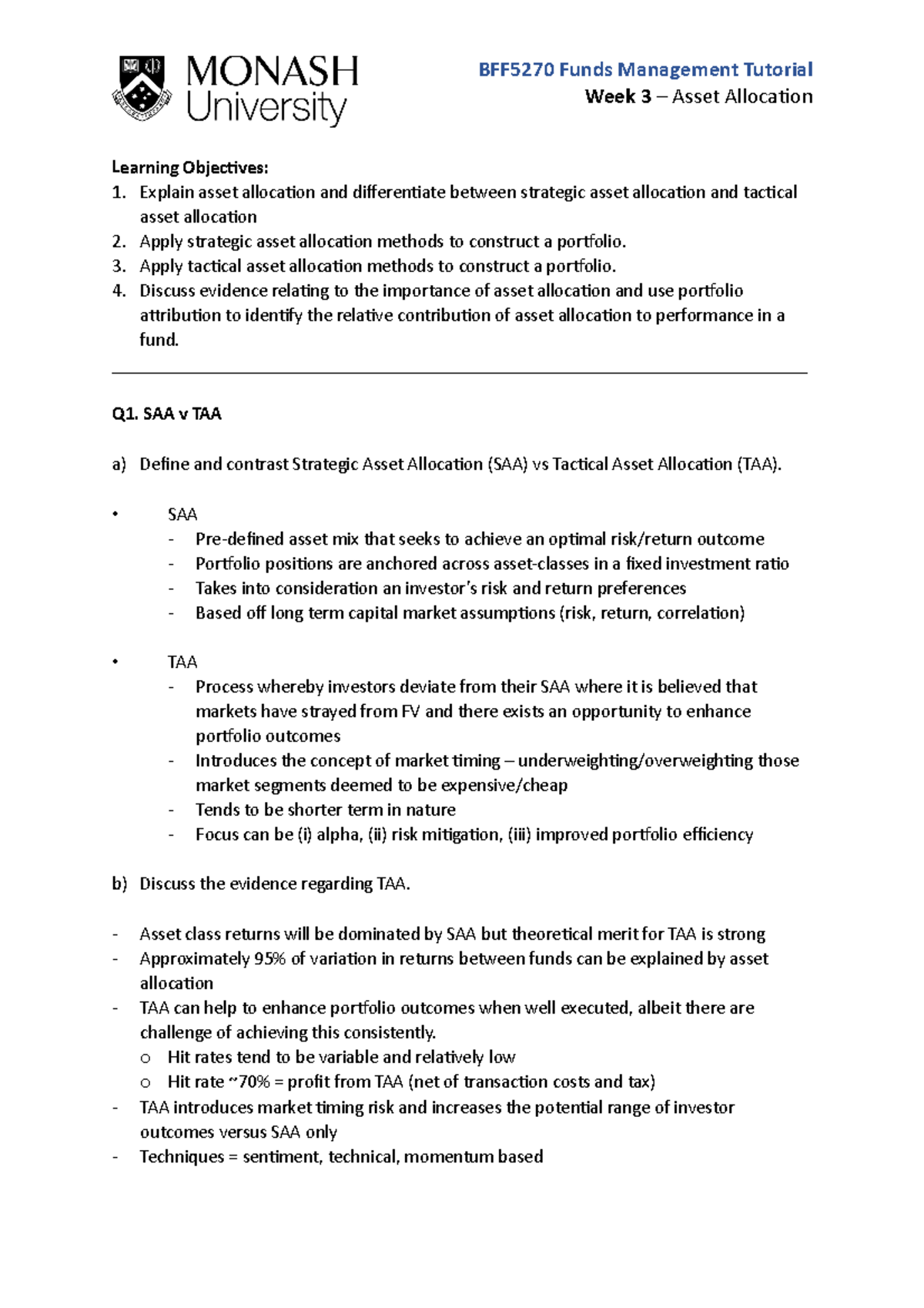 Tutorial 3 Answers - Week 3 – Asset Allocation Learning Objectives ...